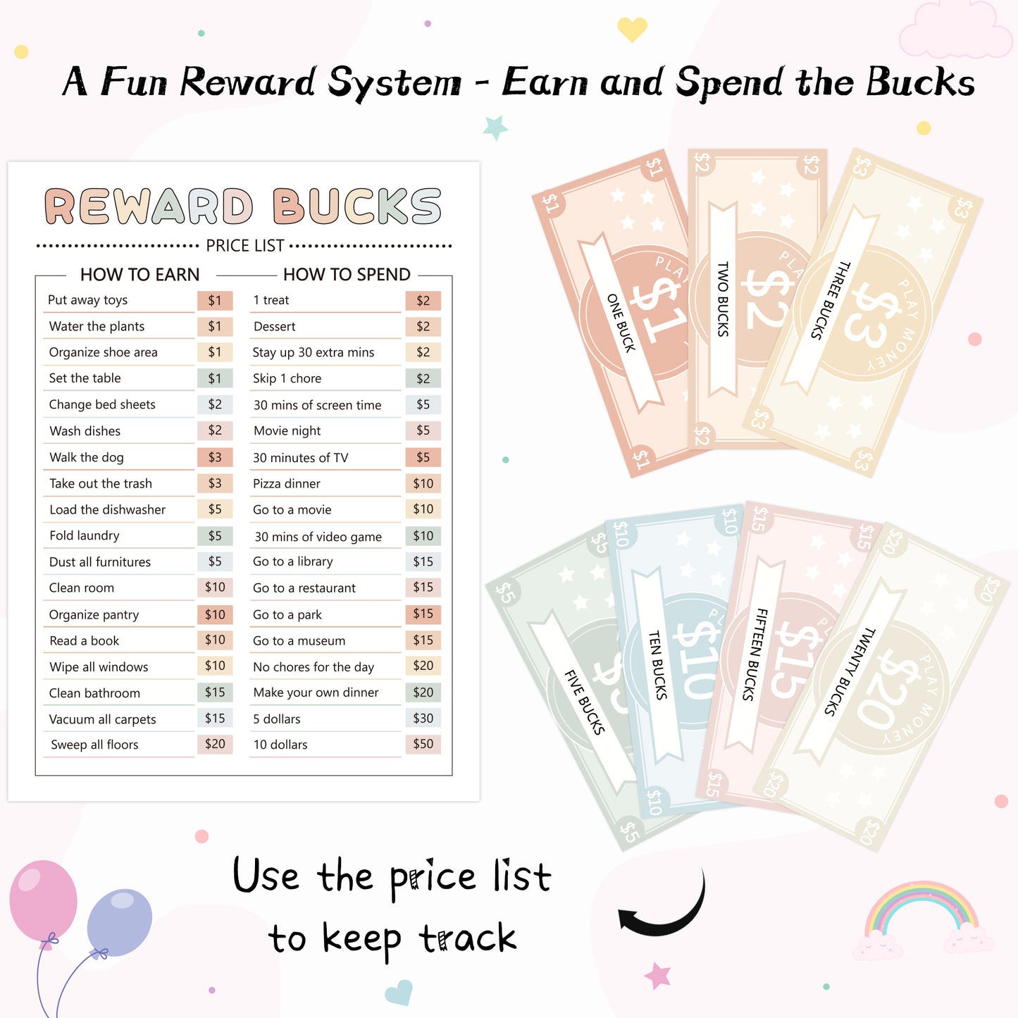 COcnny Kids Reward Bucks Charts - 633pcs Good Behavior Reward System Chore Chart Bucks List, Prop Play Money Routine Chart Financial Literacy Board Lists Task Schedule Home Visual for Toddles Boy Girl