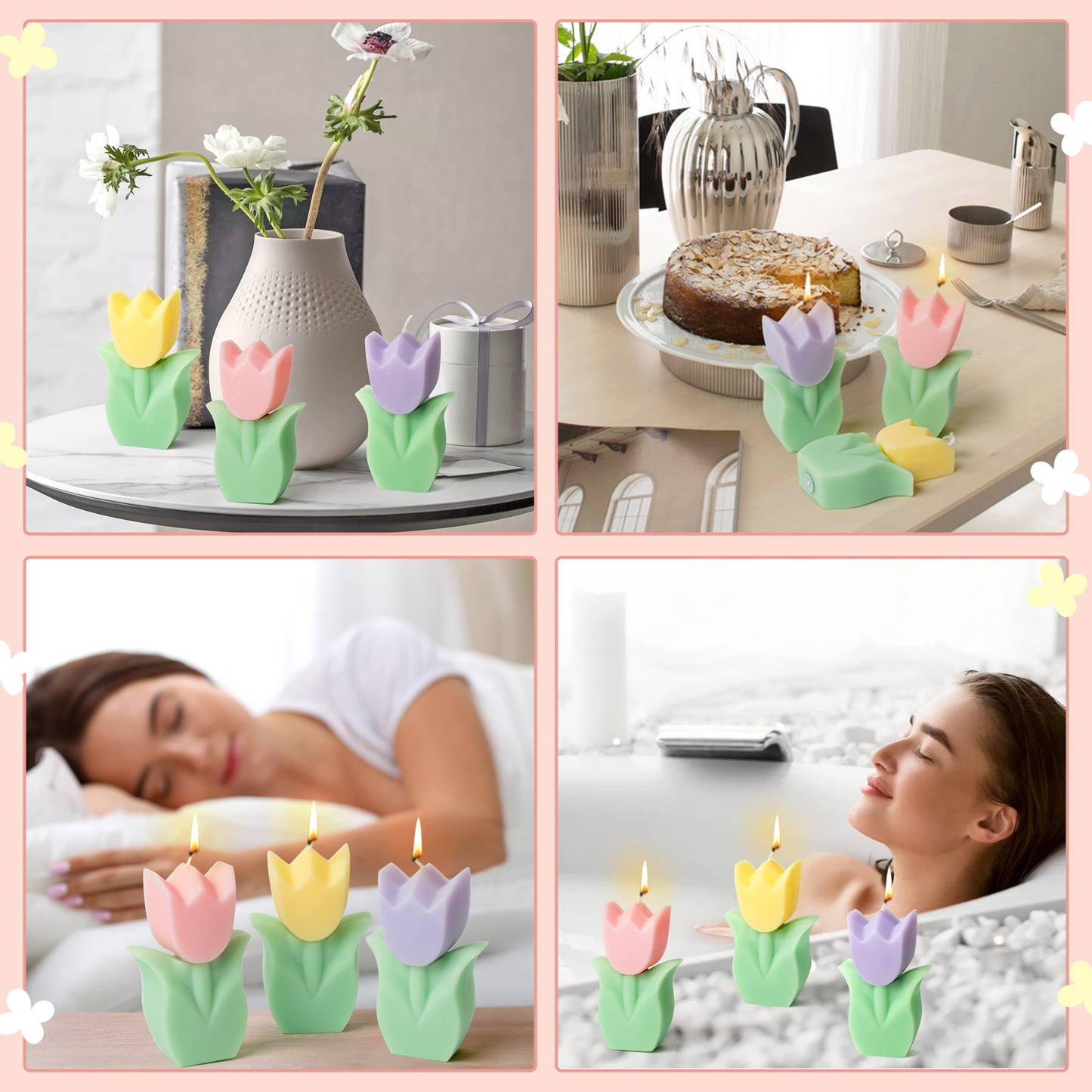 COcnny 3pcs Spring Tulip Candle Easter Decor, Tulip Shaped Scented Candles Decorations, Flower Aesthetic Paraffin Soy Wax Stress Relief Aromatherapy Candle for Home Bedroom Birthday Gift Party Favors