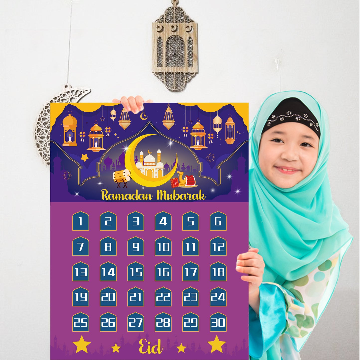 COcnny 4pcs Ramadan Calendar Decorations, Eid Mubarak Countdown Calendar for Kids, 30 Days Eid Advent Calendar Poster Star Stickers for Al-Fitr Party School Home Wall Ornament Photo Prop 27.5"x 21.5"