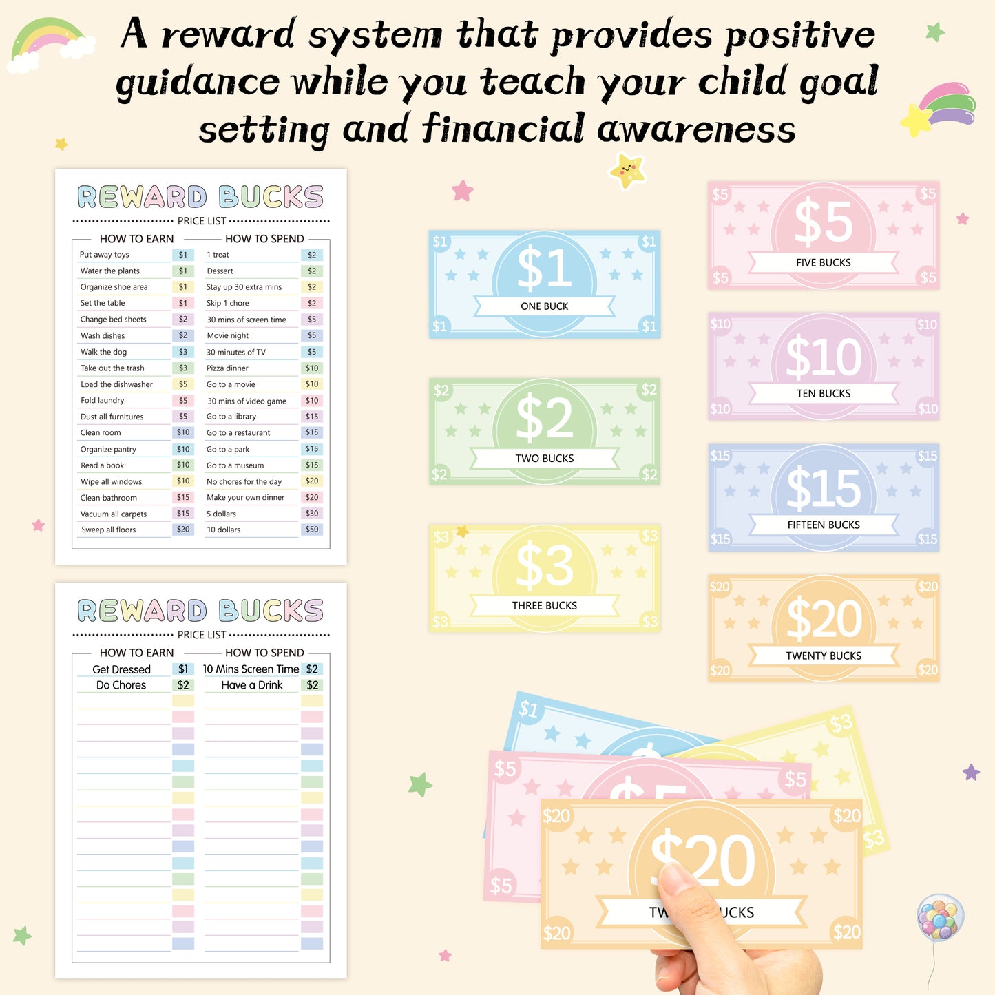 COcnny 633pcs Kids Reward Bucks Charts, Good Behavior Reward System Bucks List, Prop Play Money Routine Chart, Financial Literacy Board Chore Task Schedule Home Visual Lists for Toddles Kids Boy Girl