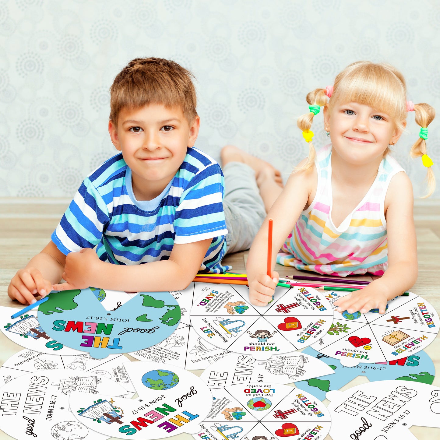 COcnny Religious Coloring Wheel Craft - 24 Sets Color Your Own Art Spining Cards for Kids, The Good News John 3:16 Wheel Kit DIY Craft Art Cards for Sunday School Christian Classroom Home Activities