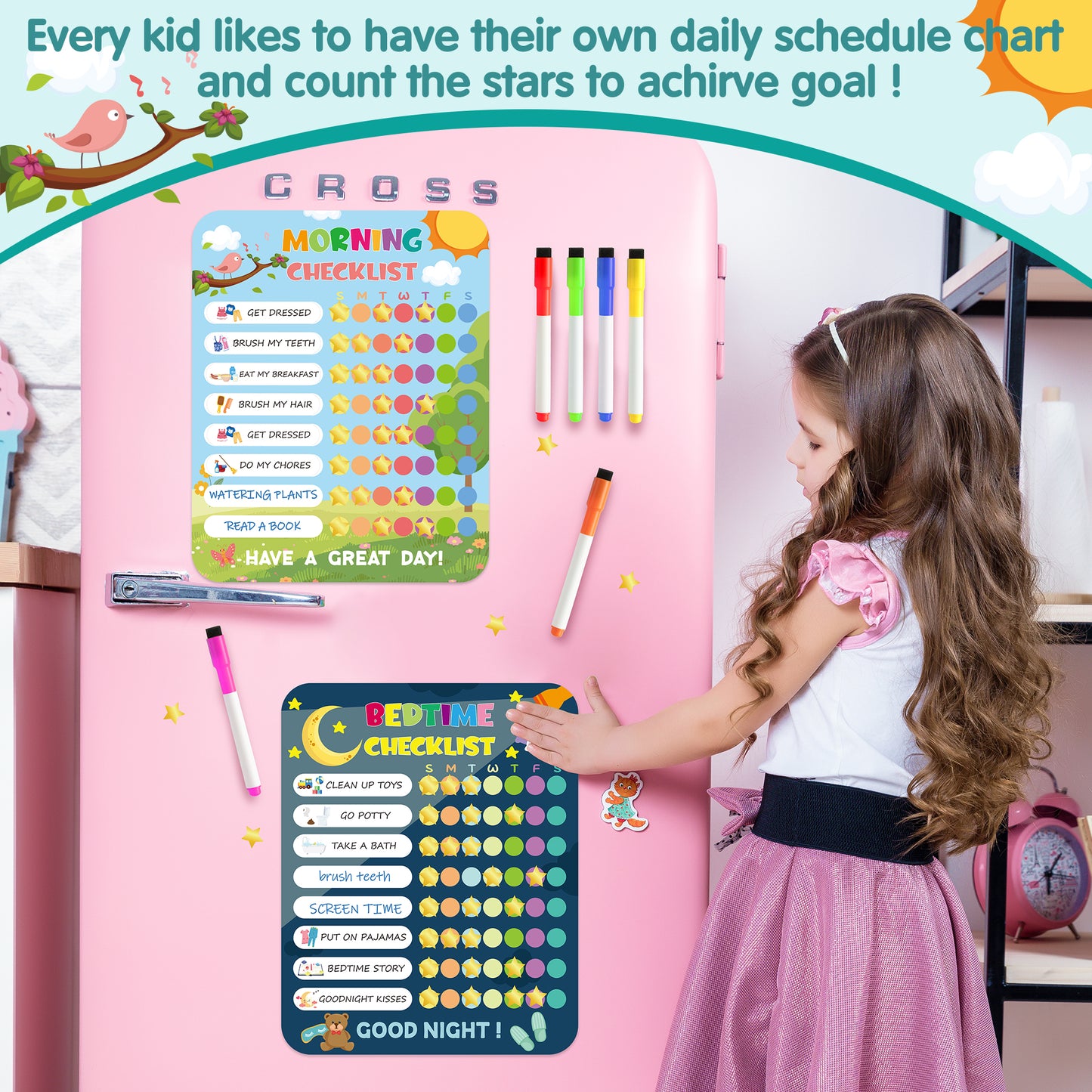 COcnny 154pcs Daily Schedule for Kids, Magnetic Schedule Board, Home Visual Daily Routine Chart, Morning Bedtime Behavior Checklist, Responsibility Reward Chore Charts Task Planning for Toddlers