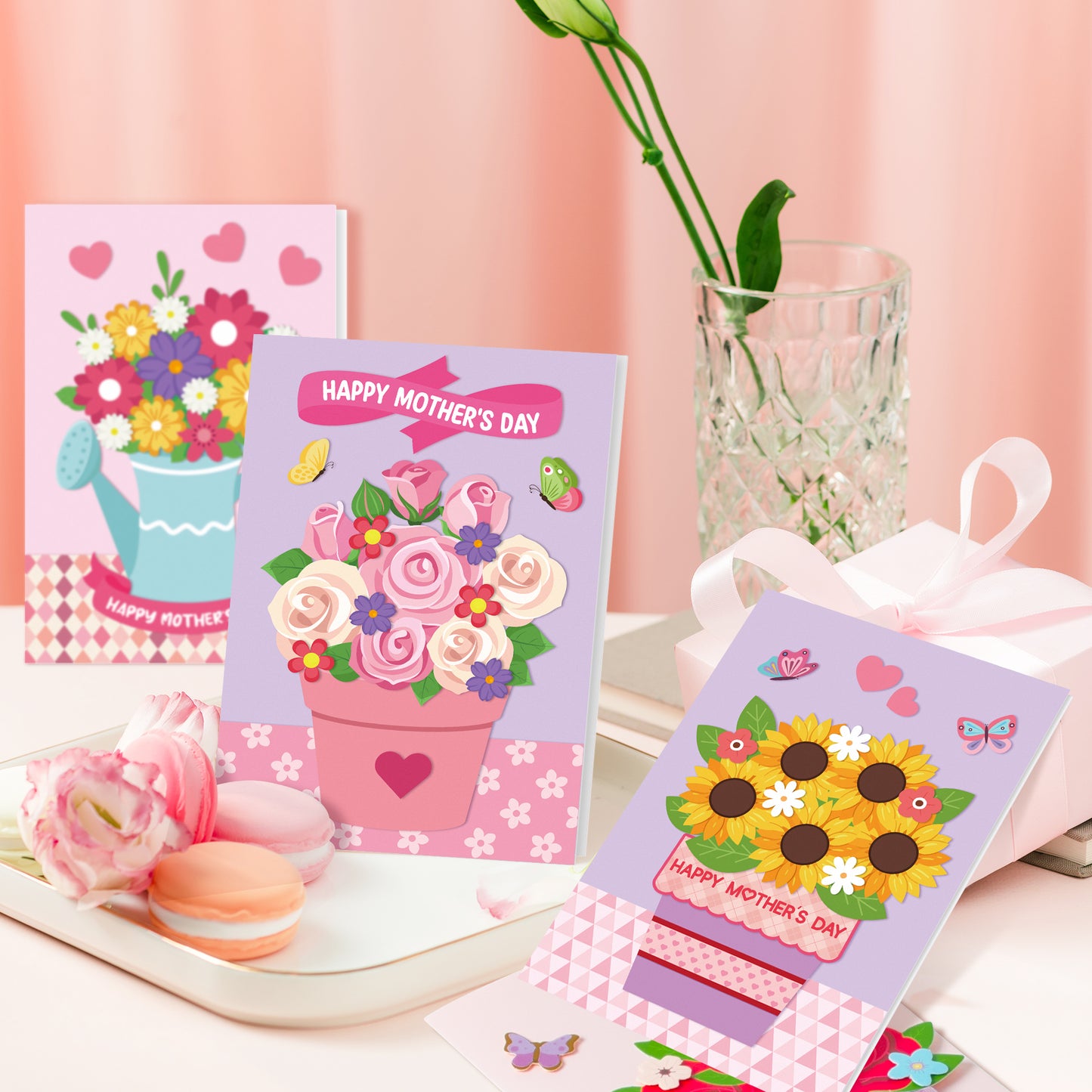 COcnny Mothers Day DIY Card - 24 Set Mother’s Day Flower Craft Kit for Kids, DIY Bouquet Paper Include 48pcs Cards, Make Your Own Floral Crafting for Mom Gift, Classroom Home Sunday School Activities