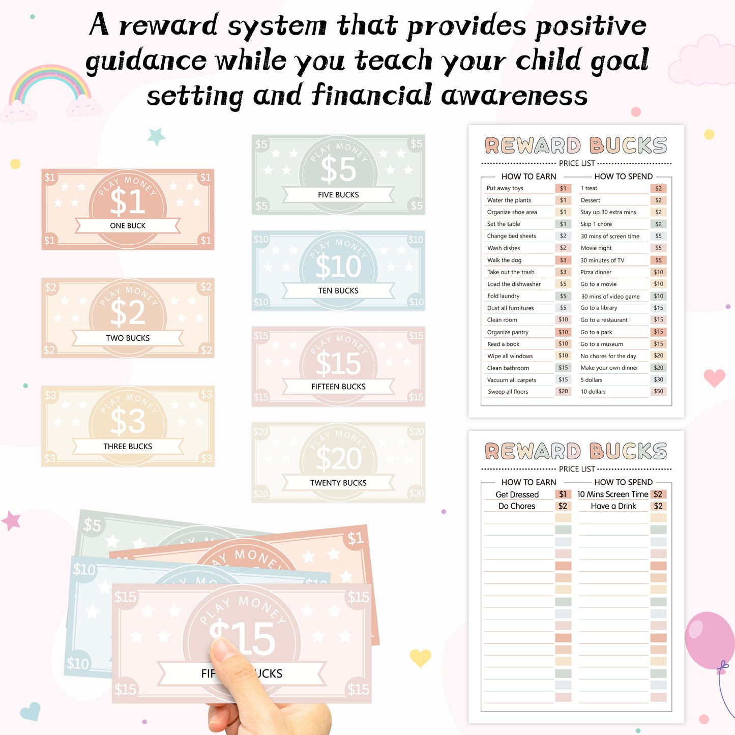 COcnny Kids Reward Bucks Charts - 633pcs Good Behavior Reward System Chore Chart Bucks List, Prop Play Money Routine Chart Financial Literacy Board Lists Task Schedule Home Visual for Toddles Boy Girl