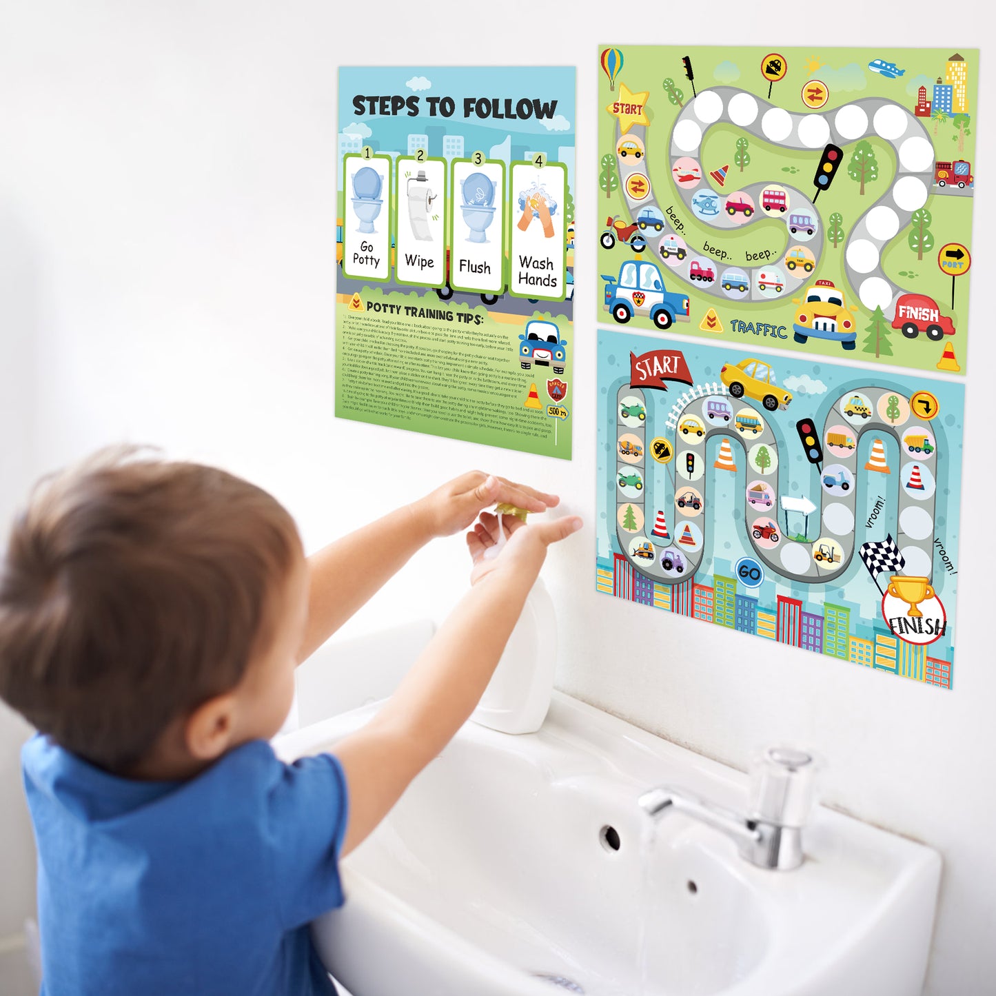 COcnny 29pcs Potty Training Chart with Vehicle Sticker Rewards for Toddler Girls Boys, Transportation Theme Potty Training Stickers Chart, Toilet Training Step Behavior Planner for Bathroom Wall Decor