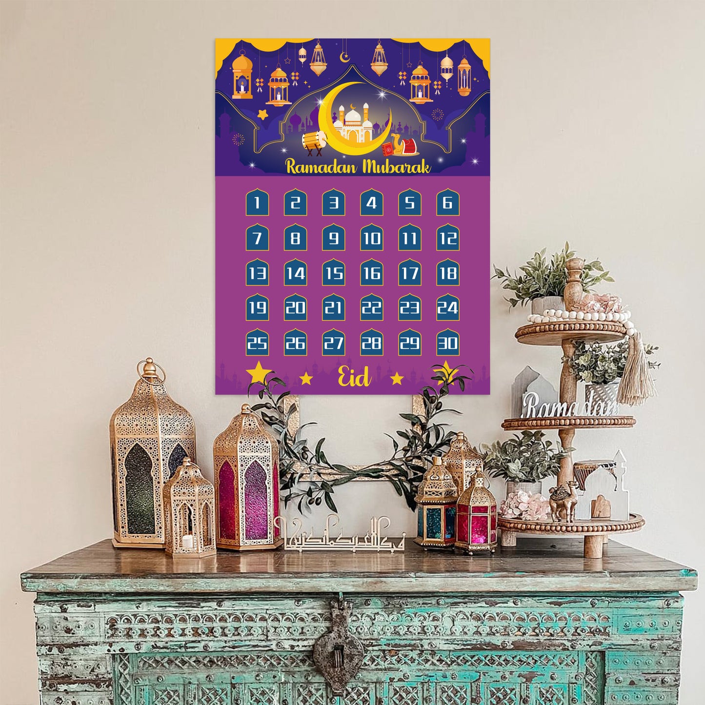 COcnny 4pcs Ramadan Calendar Decorations, Eid Mubarak Countdown Calendar for Kids, 30 Days Eid Advent Calendar Poster Star Stickers for Al-Fitr Party School Home Wall Ornament Photo Prop 27.5"x 21.5"