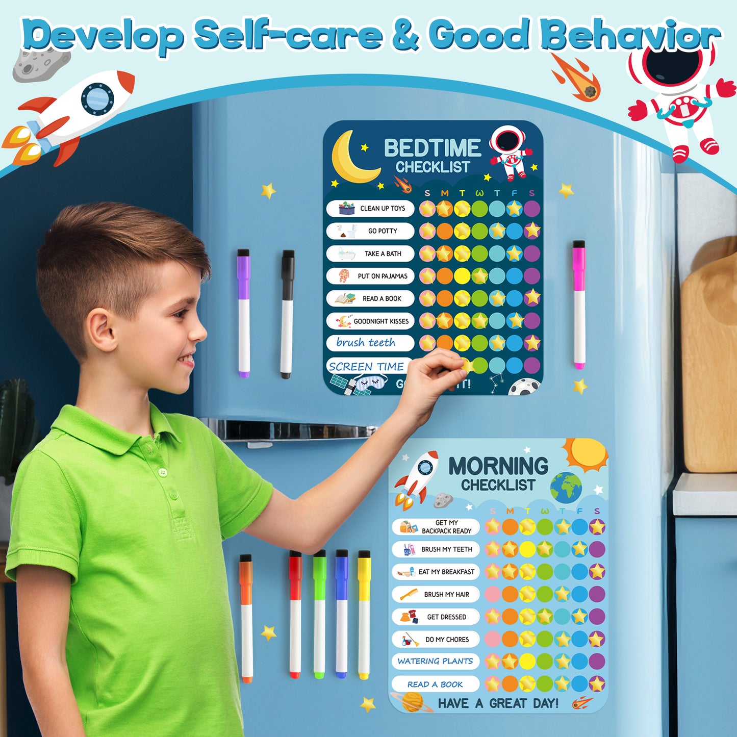 COcnny 154pcs Space Morning Bedtime Routine Chart for Toddlers Kids, Magnetic Daily  Visual Schedule Board at Home, Dry Erase Daily Chore Morning and Night Routine Checklist Reward Chart