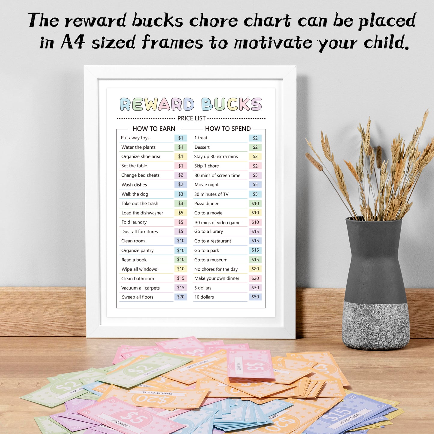 COcnny 633pcs Kids Reward Bucks Charts, Good Behavior Reward System Bucks List, Prop Play Money Routine Chart, Financial Literacy Board Chore Task Schedule Home Visual Lists for Toddles Kids Boy Girl