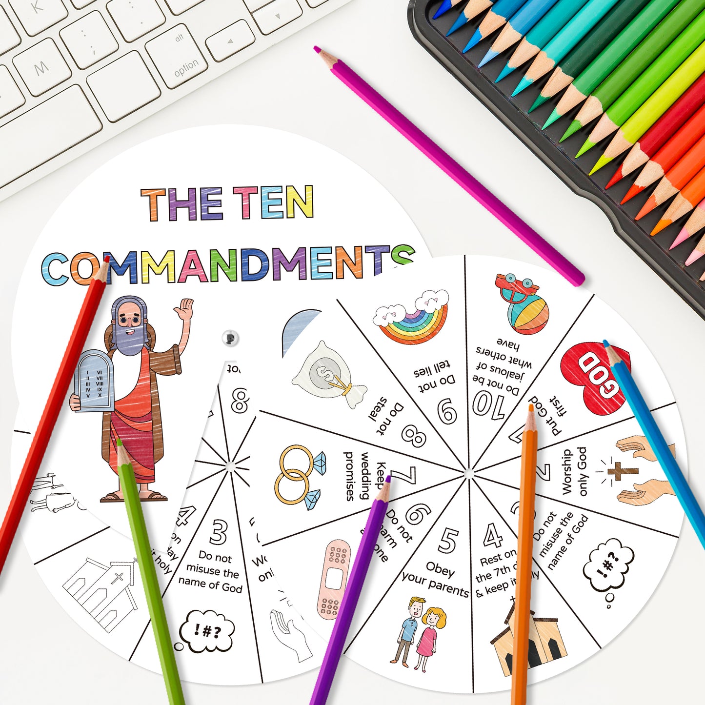 COcnny Ten Commandments Coloring Craft - 24 Sets Color Your Own Religious Art Wheel Kit for Kids, 10 Commandments DIY Craft Art Cards for Sunday School Christian Classroom Home Activities VBS Supplies