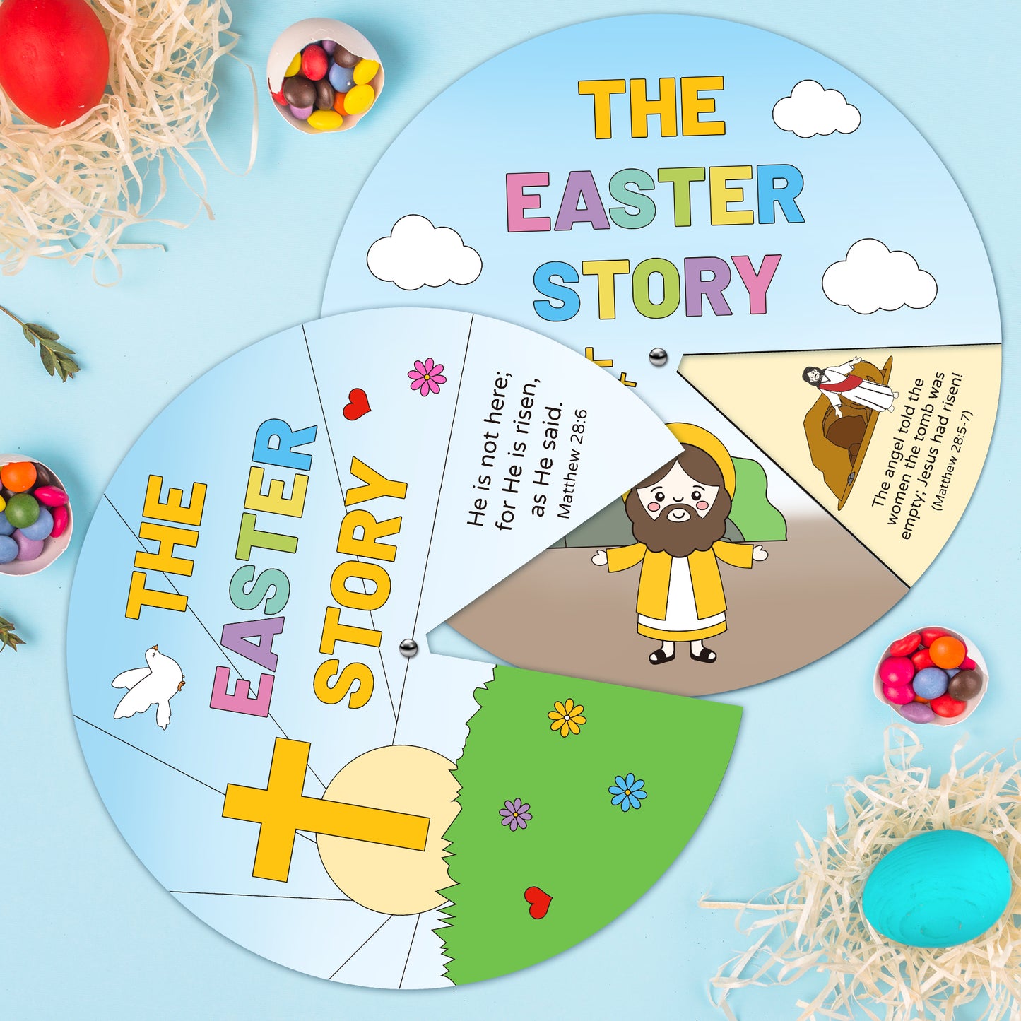 COcnny 24 Sets The Easter Story Craft, Color Your Own Easter Jesus Wheel for Kids, Religious Bible Coloring Cards DIY Crafts Art Game for Sunday School Christian Classroom Home Activities VBS Supplies
