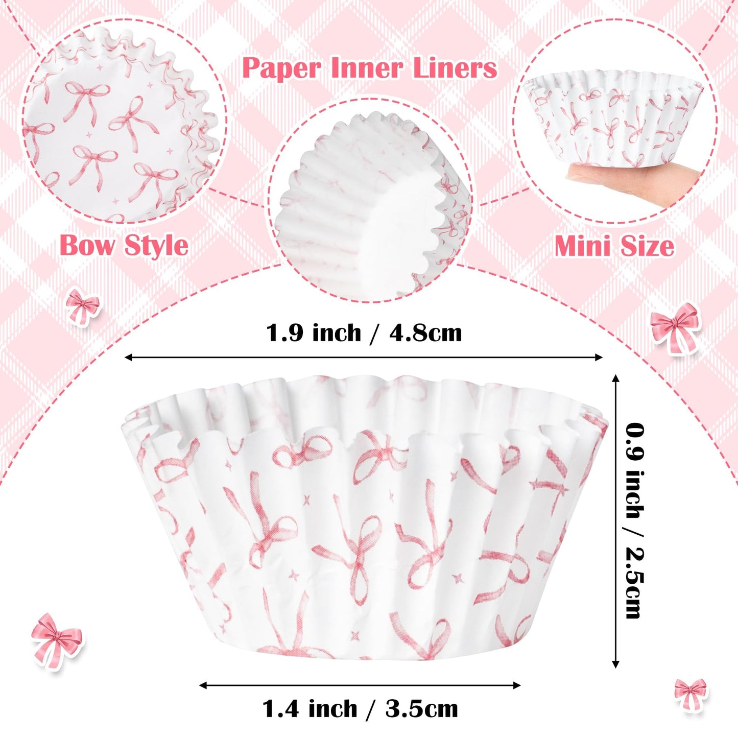 COcnny Bow Mini Cupcake Liners - 300pcs Pink Bowknot Baking Cups Muffin Paper Cupcakes Wrappers for Birthday, Candy Cake Chocolate Wrap Making Supplies for Baby Shower Wedding Bachelorette Party