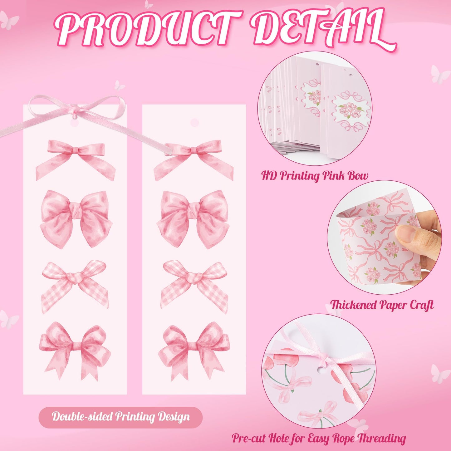 COcnny Pink Bow Bookmarks for Women - Bow Bookmark Bulk for Reading Lovers Gift, Cute Cheery Double Sided Book Mark with Ribbon for Teacher Student Classroom Library Supplies (240pcs)