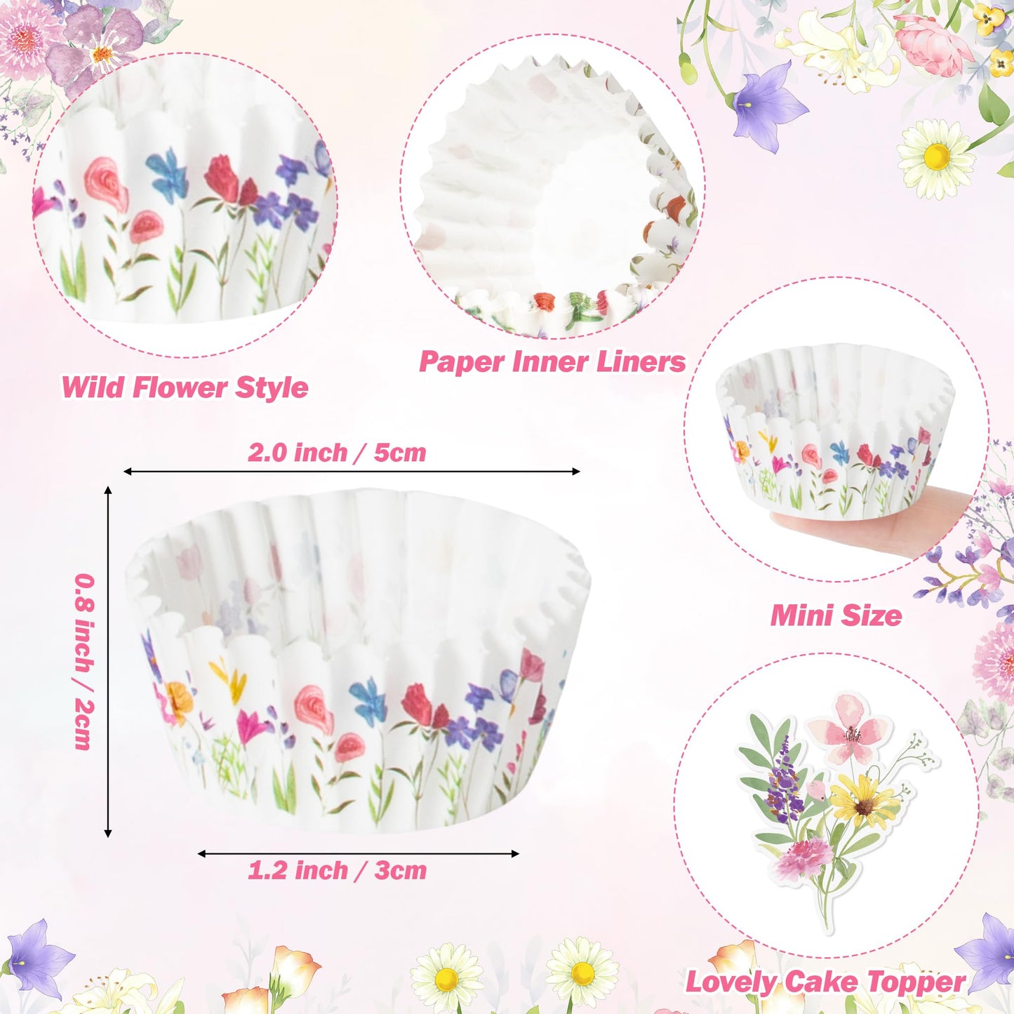 COcnny Flower Mini Cupcake Liners - 300pcs Wild Flower Small Muffin Cake Baking Cups with 300pcs Cupcake Toppers, Floral Candy Cake Wrap Making Supplies for Baby Shower Birthday (10 Styles)