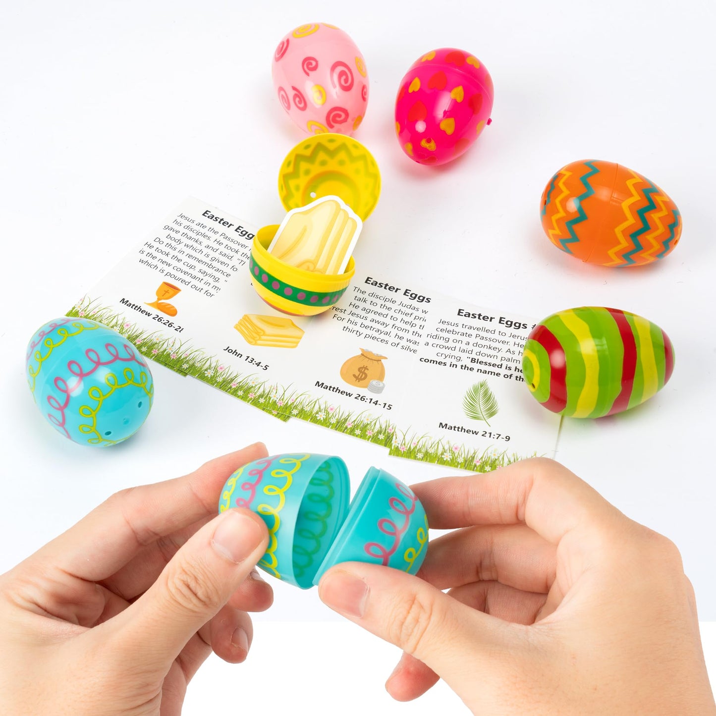 COcnny Easter Story Religious Eggs - 12 Set Easter Eggs with Matching Holy Week Cards and Religious Paper for Basket Stuffer, Christian Gift for Sunday School Hunt Activities