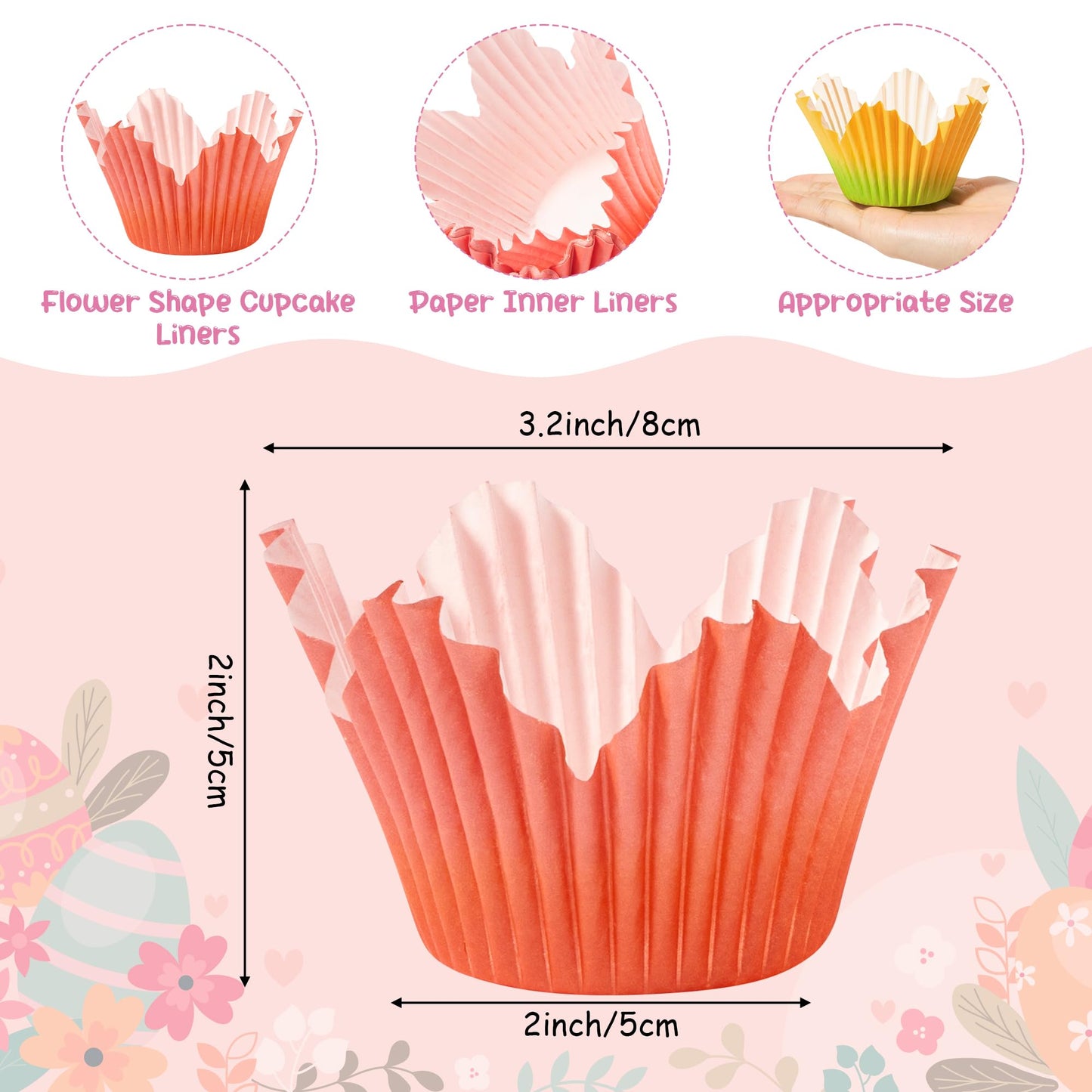 COcnny Flower Cupcake Paper Liner - 300pcs Easter Baking Cups Muffin Cupcakes Wrappers, Gradient Red Pink Orange Petal Cake Candy Wrap Making Supplies for Birthday Baby Shower Spring Party (6 Styles)