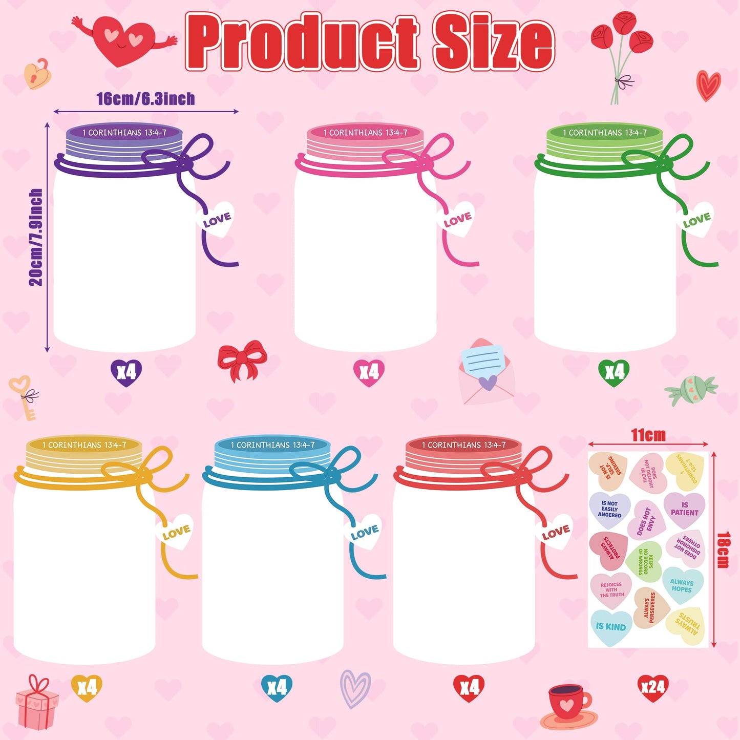 COcnny 24 Set Valentine’s Day Love Candy Jar Craft Kit for Kids, Make Your Own Heart Decor Craft, DIY 1 Corinthians 13:4-7 Religious Sweet Sticker Paper Art for Sunny School Classroom Fun Activity