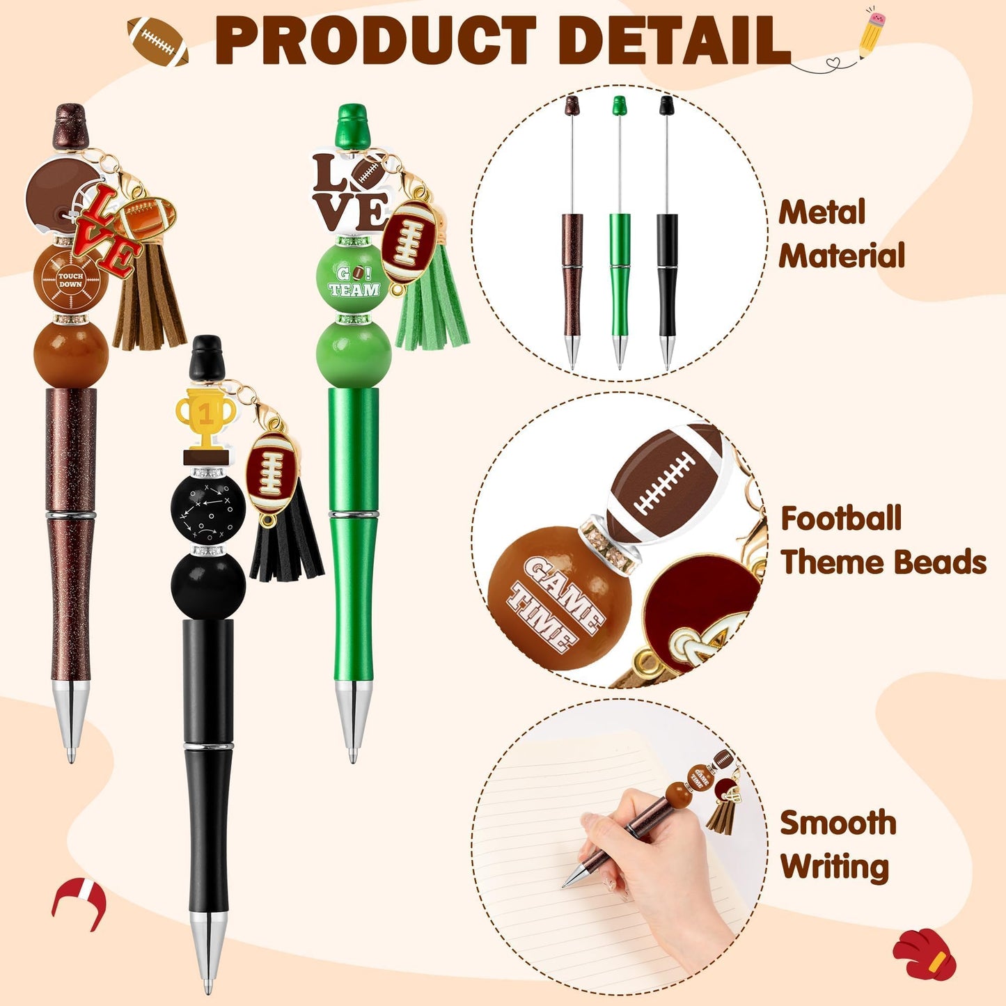 COcnny Football Beadable Pens Set - 14 Set Autumn Rugby DIY Ballpoint Pen Making Kit with Bead Craft, Sport Party Beaded Bulk Charm Tassel Supplies for Women School Students Office Gift
