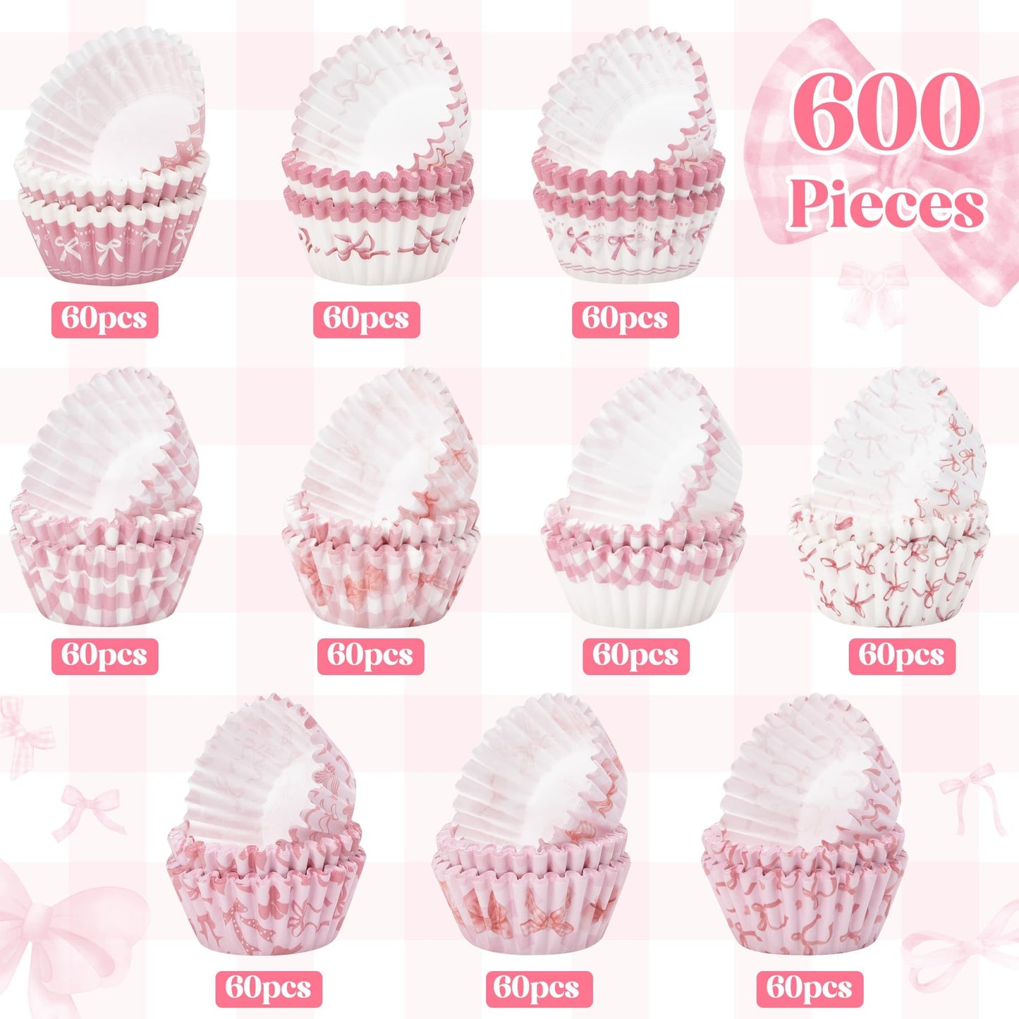 COcnny Bow Mini Cupcake Liners - 600pcs Pink Bowknot Baking Cups Muffin Paper Cupcakes Wrappers for Birthday, Candy Cake Chocolate Wrap Making Supplies for Baby Shower Wedding Bachelorette Party