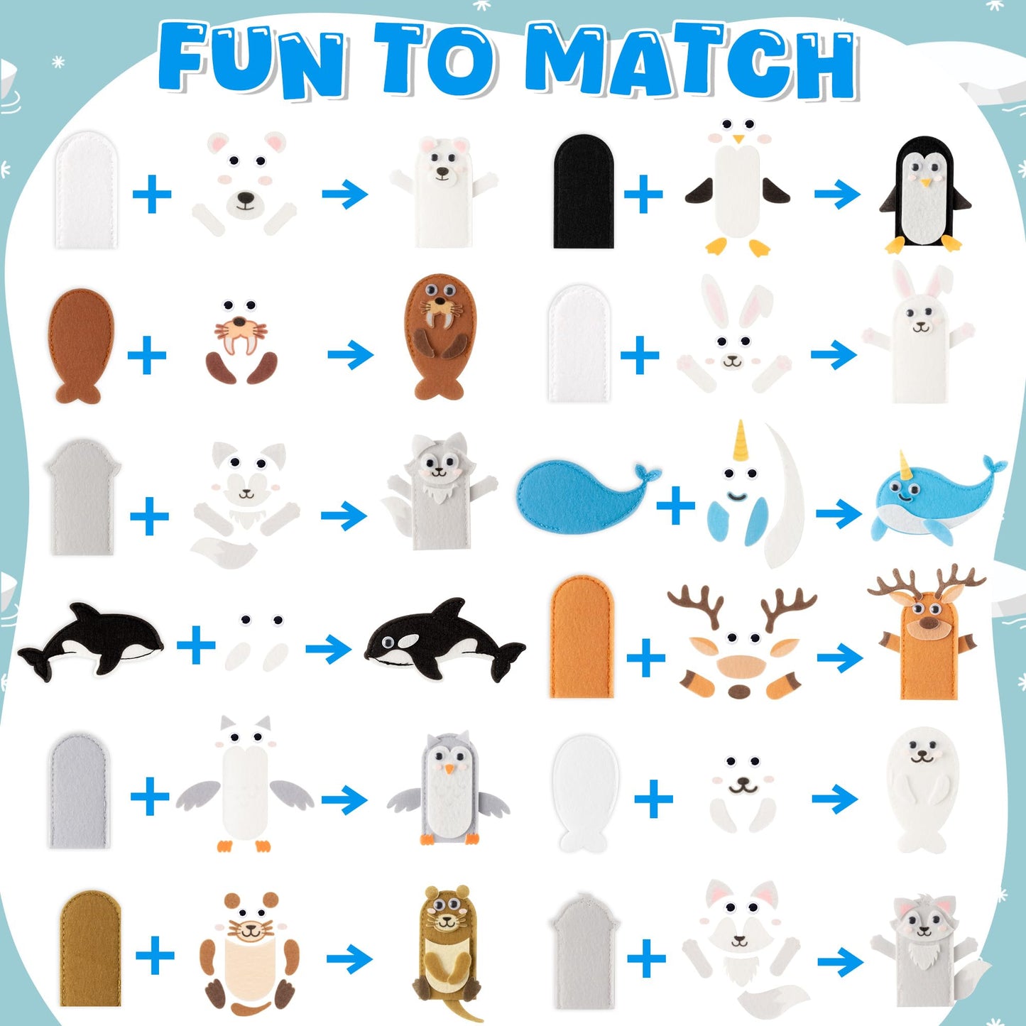 COcnny Polar Animal Finger Puppets - 24pcs DIY Winter Felt Hand Puppet Making Kit for Kids, Make Your Own Art Story Telling Toy, Arctic Antarctic Animals Role Play for Boy Girl Toddles School Birthday