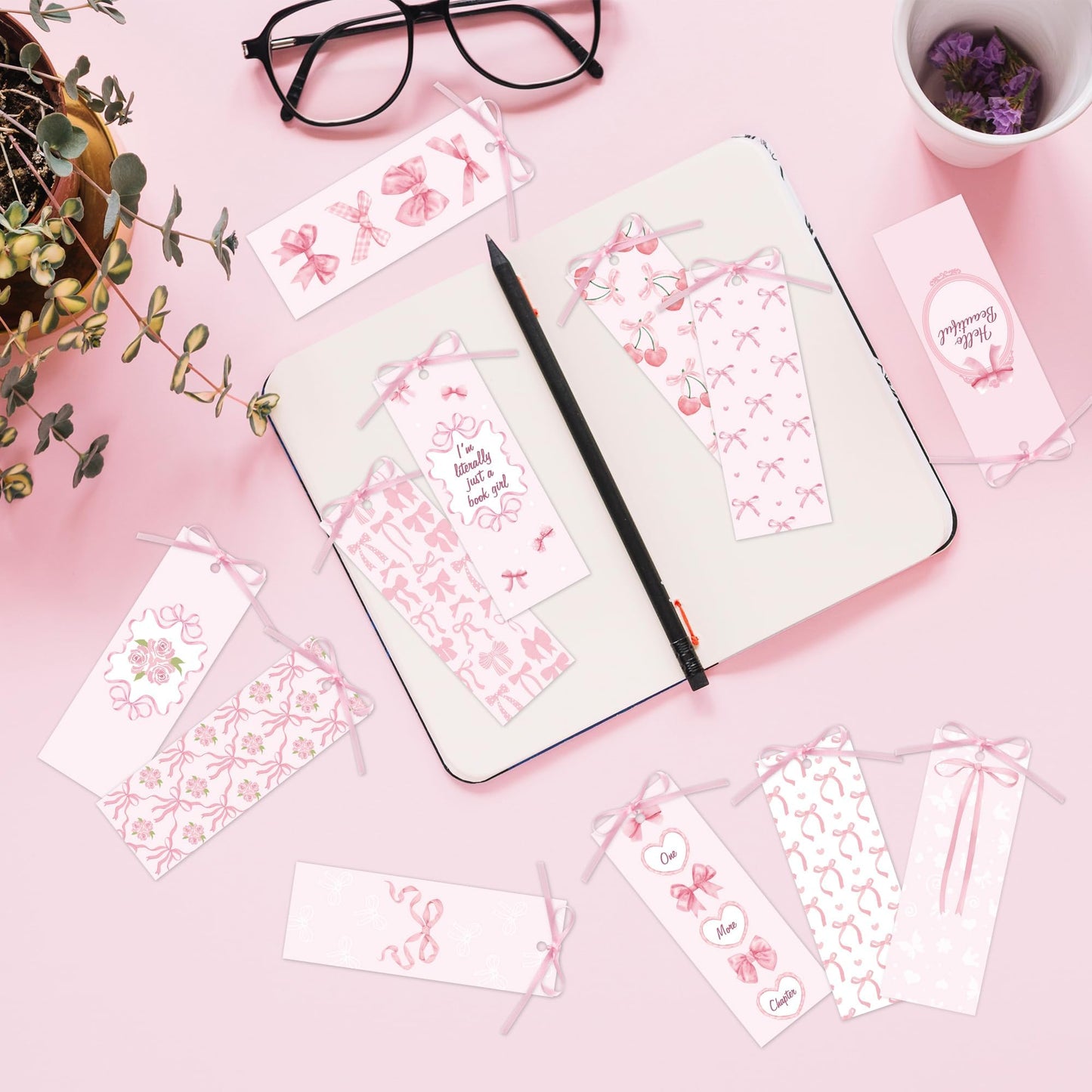 COcnny Pink Bow Bookmarks for Women - Bow Bookmark Bulk for Reading Lovers Gift, Cute Cheery Double Sided Book Mark with Ribbon for Teacher Student Classroom Library Supplies (120pcs)