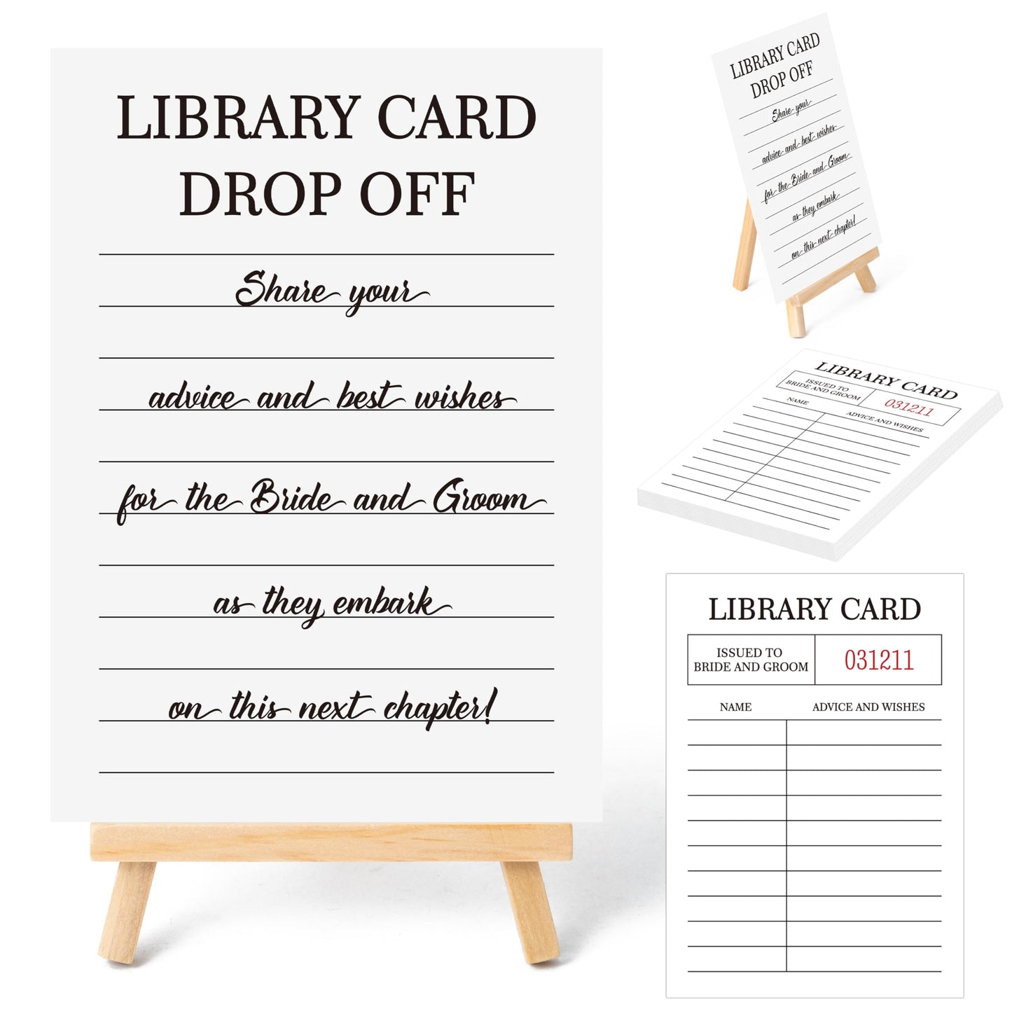 COcnny Wedding Advice and Wishes Cards - 52pcs Library Cards with Display Stand, Guest Book Alternative for Bride Groom, Mr and Mrs, Wedding Congratulations, Bridal Shower, Engagement Party