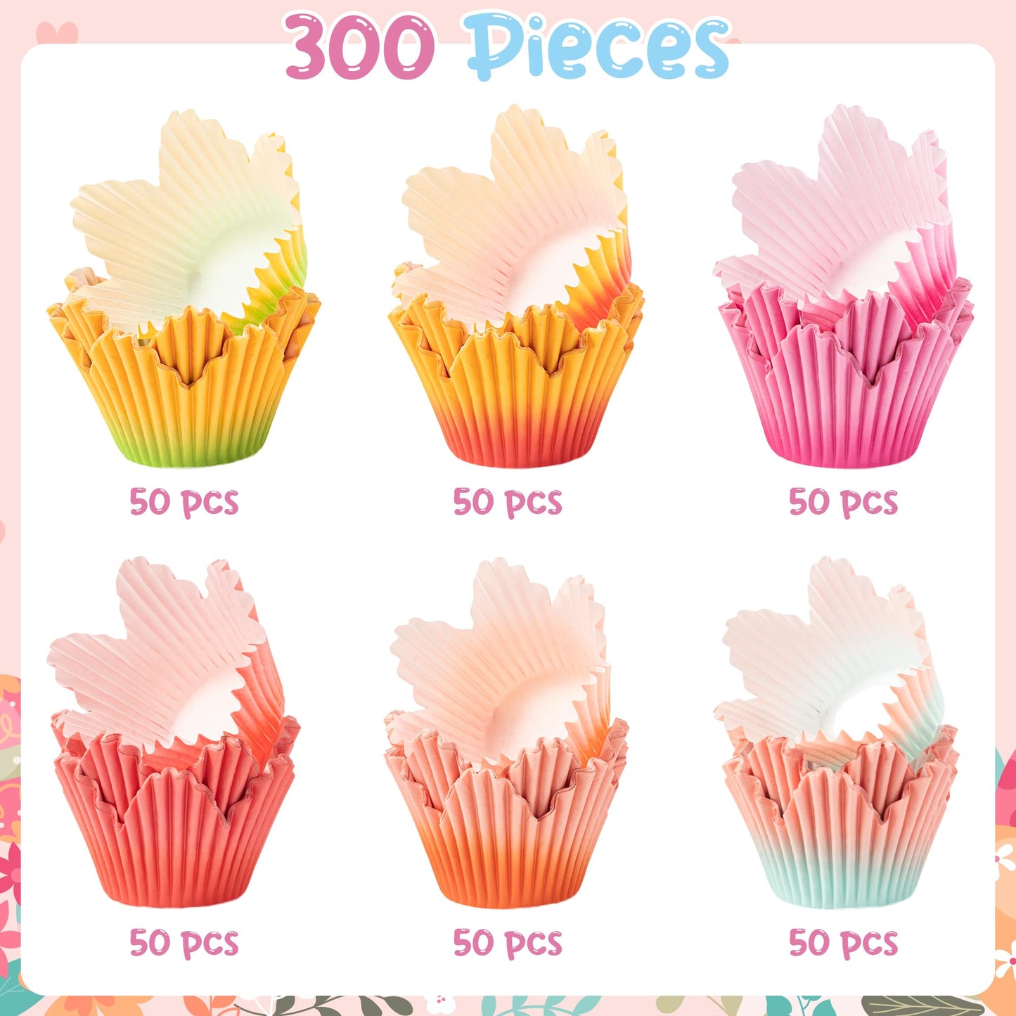 COcnny Flower Cupcake Paper Liner - 300pcs Easter Baking Cups Muffin Cupcakes Wrappers, Gradient Red Pink Orange Petal Cake Candy Wrap Making Supplies for Birthday Baby Shower Spring Party (6 Styles)