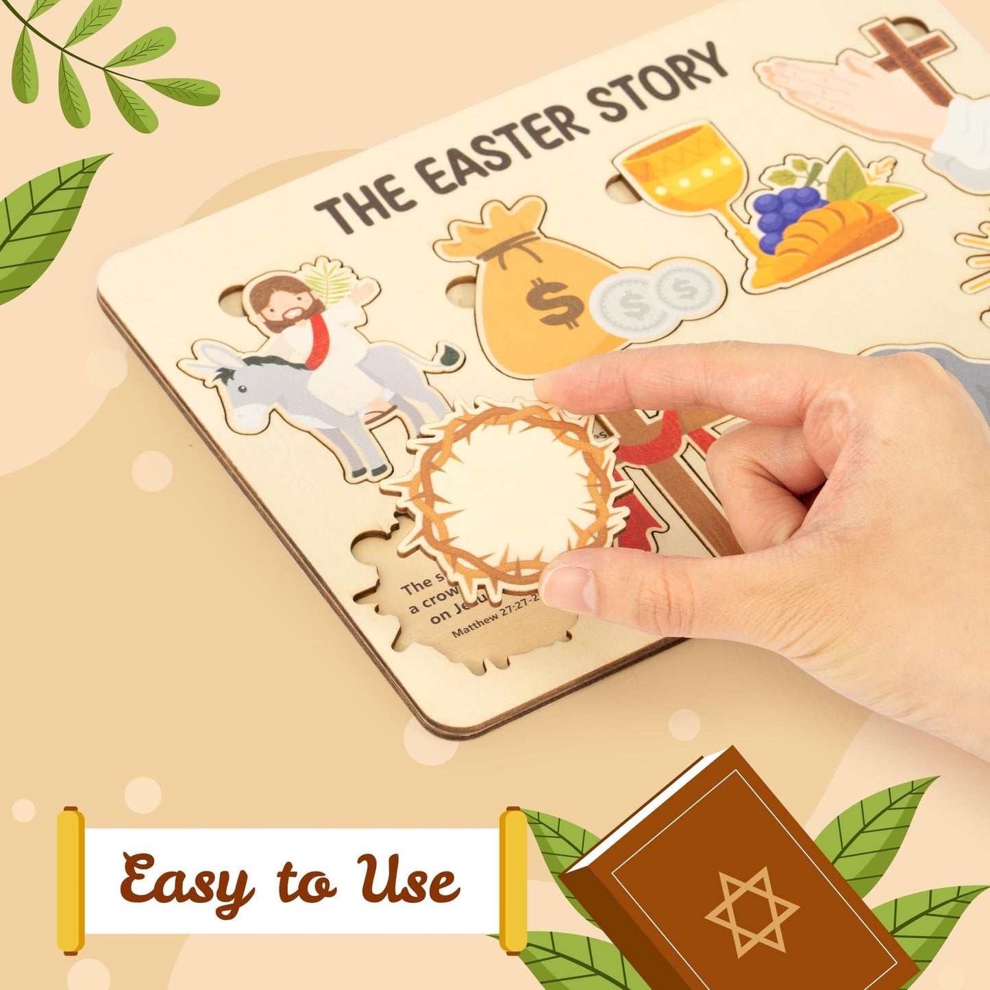 COcnny Easter Story Wooden Puzzle - 8pcs Jesus Resurrection Story Special Shaped 2D Wood Jigsaw Puzzle Set, Religious Gift for Sunday School Classroom Game Supplies Home Easter Basket Fillers