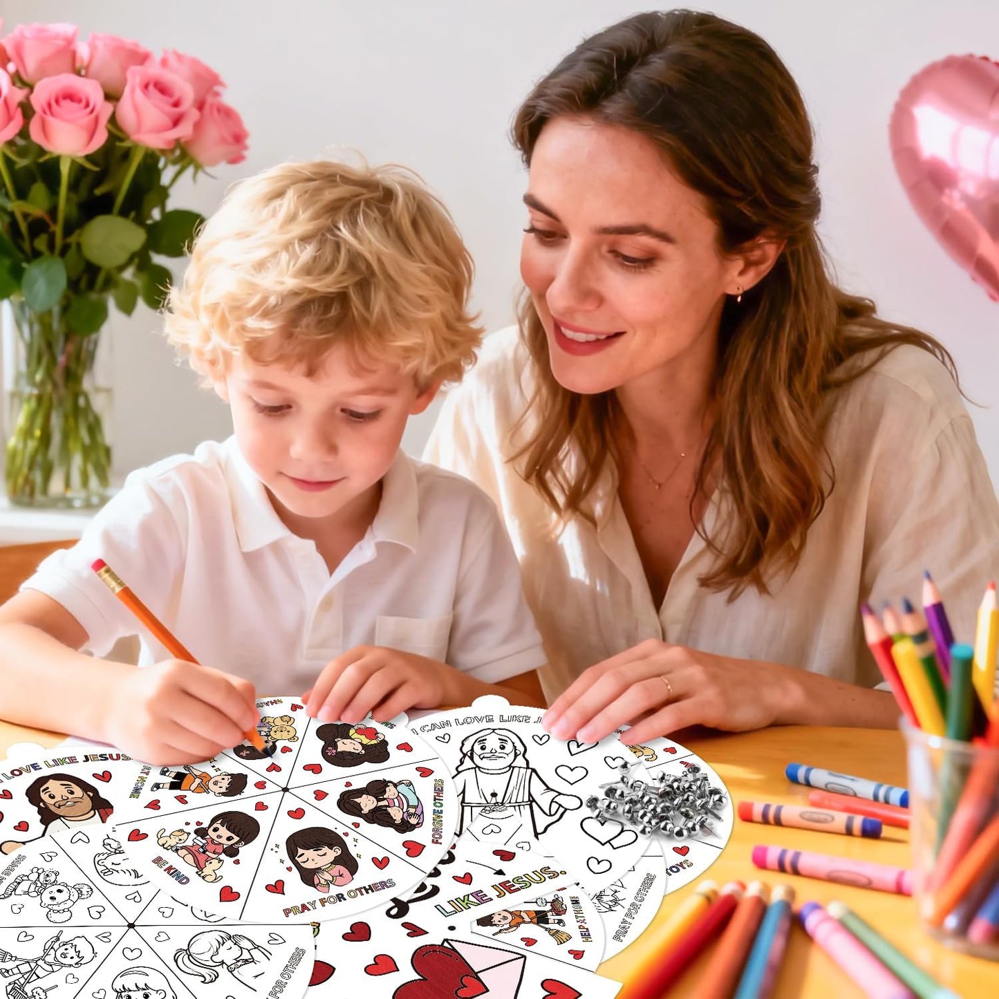 COcnny Valentine’s Day Christian Coloring Craft for Kids - 24 Sets Color Your Own Valentines Religious Art Cards, DIY Sweet Jesus Bible Wheel Paper for Church Sunday School Classroom Class Activities