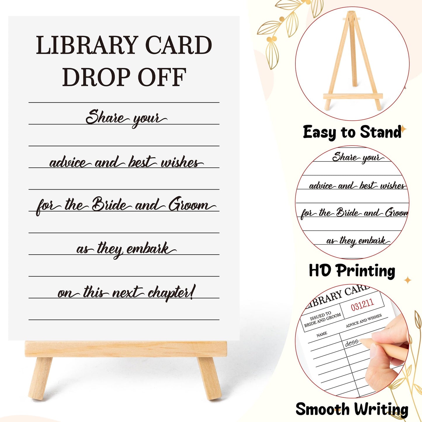 COcnny Wedding Advice and Wishes Cards - 52pcs Library Cards with Display Stand, Guest Book Alternative for Bride Groom, Mr and Mrs, Wedding Congratulations, Bridal Shower, Engagement Party