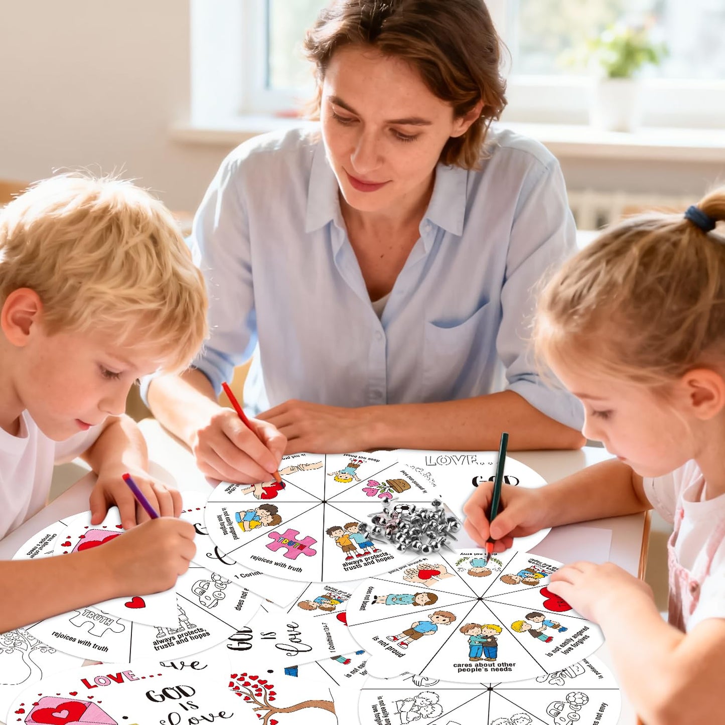 COcnny Christian Coloring Craft for Kids - 24 Set Color Your Own Love Religious Art Cards, DIY Sweet God Bible Wheel Paper for Church Sunday School Classroom VBS Activities