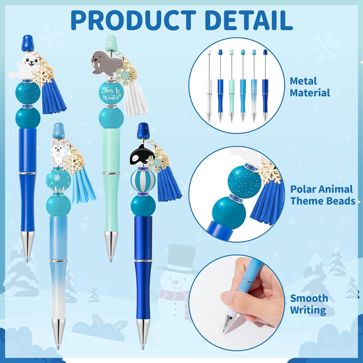 COcnny Christmas Winter Beadable Pens - 12 Set Polar Animal DIY Beaded Pen Making Kit with Bead Craft, Polar Bear Penguin Ballpoint Pen Bulk Charm Supplies for Party Women School Student Gift