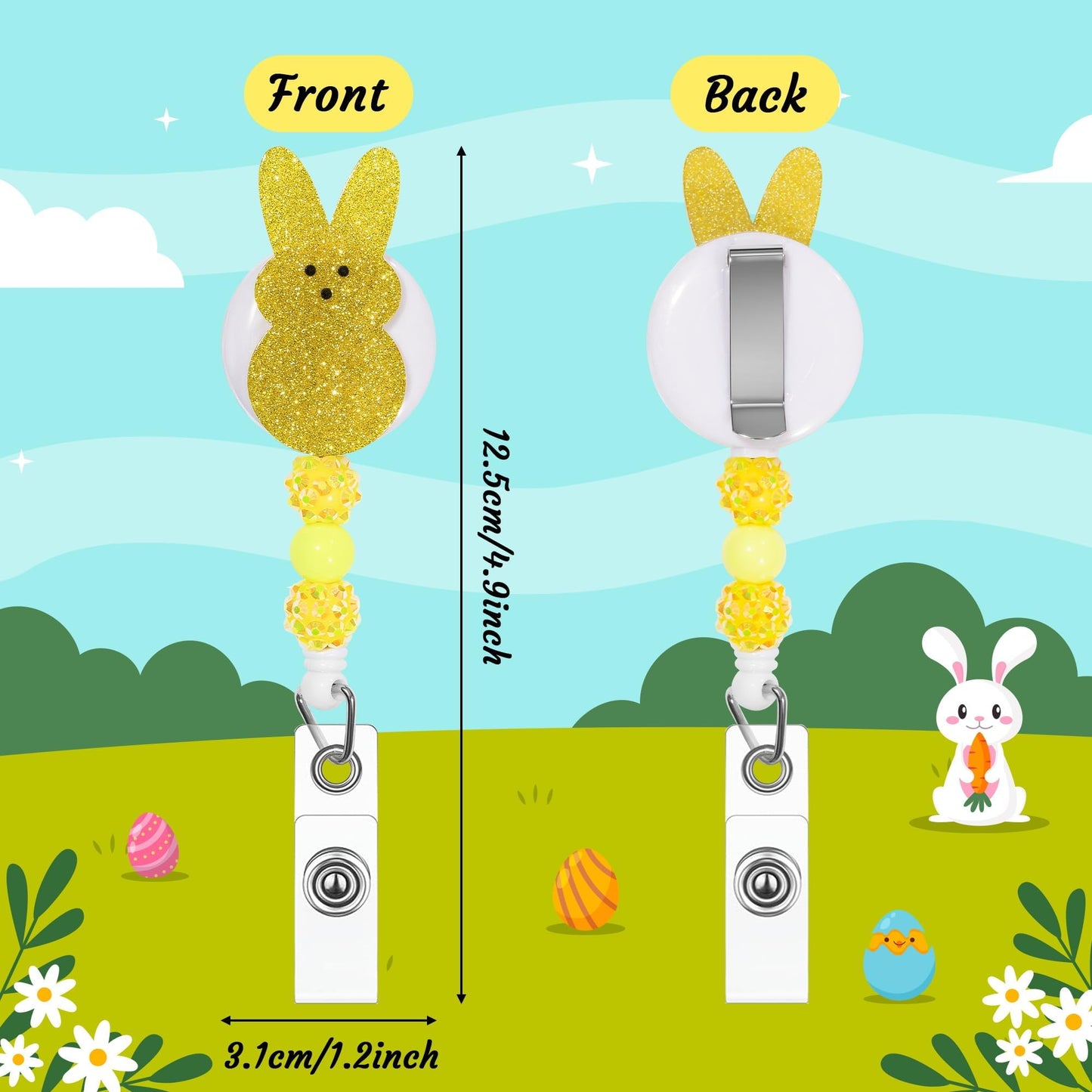 COcnny Easter Bunny Badge Reels - 5pcs Peeps Beads Glitter Retractable Acrylic Clips for Student Nurse Gift, Colorful Rabbit Beaded ID Badge Holder for Hospital School Easter Party Holiday Supplies
