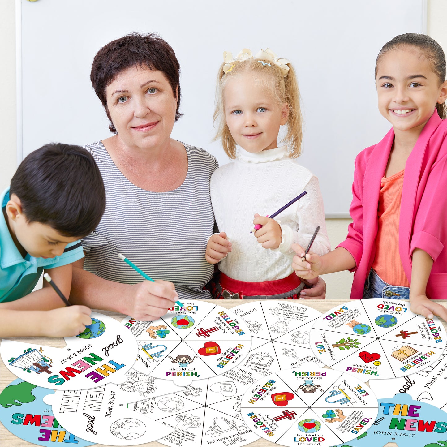 COcnny Religious Coloring Wheel Craft - 24 Sets Color Your Own Art Spining Cards for Kids, The Good News John 3:16 Wheel Kit DIY Craft Art Cards for Sunday School Christian Classroom Home Activities