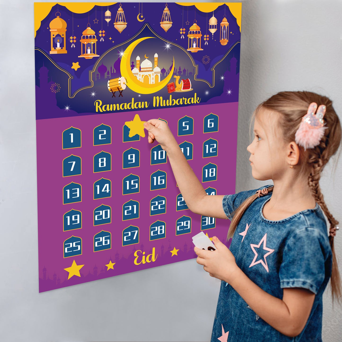 COcnny 4pcs Ramadan Calendar Decorations, Eid Mubarak Countdown Calendar for Kids, 30 Days Eid Advent Calendar Poster Star Stickers for Al-Fitr Party School Home Wall Ornament Photo Prop 27.5"x 21.5"