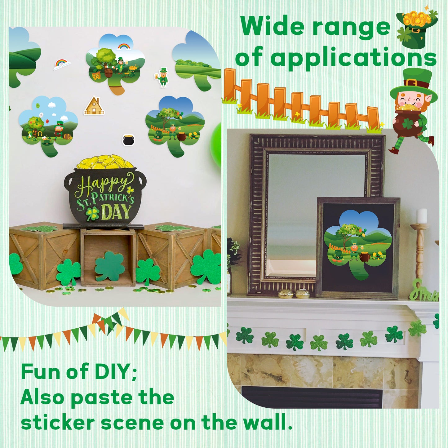COcnny 24pcs Make a St. Patrick's Day Scene Sticker Craft, Make Your Own Scene Stickers for Saint Patrick’s Day, Shamrock Irish Lucky Clover DIY Art Labels, Classroom Kids Game  Party Goodies Favor