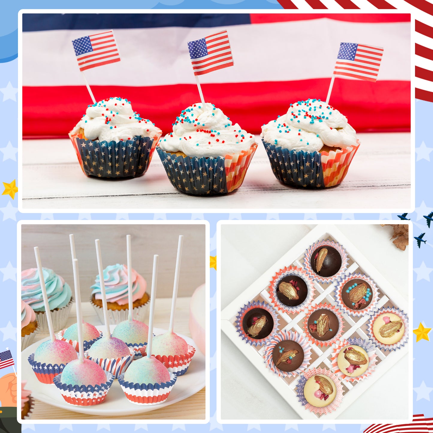 COcnny Patriotic Mini Cupcake Liner - 600pcs American Flag Baking Cups Muffin Paper Case Cupcake Wrappers for Memorial Day, July 4th Cake Chocolate Candy Wrap Supplies for Independence Day(10 Styles)