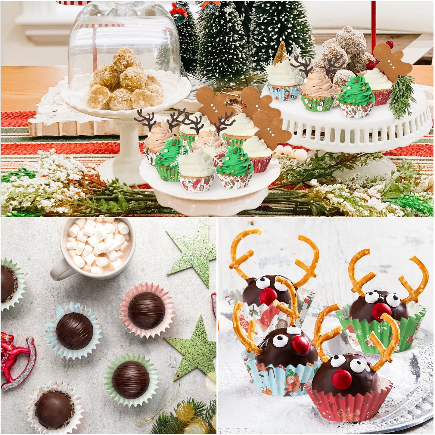 COcnny 600pcs Christmas Mini Cupcake Paper Liners, Merry Christmas Baking Cups Muffin Case Cupcakes Wrappers, Xmas Tree Santa Claus Snowman Cake Wrap Making Supplies for Xmas Eve Party (10 Styles)