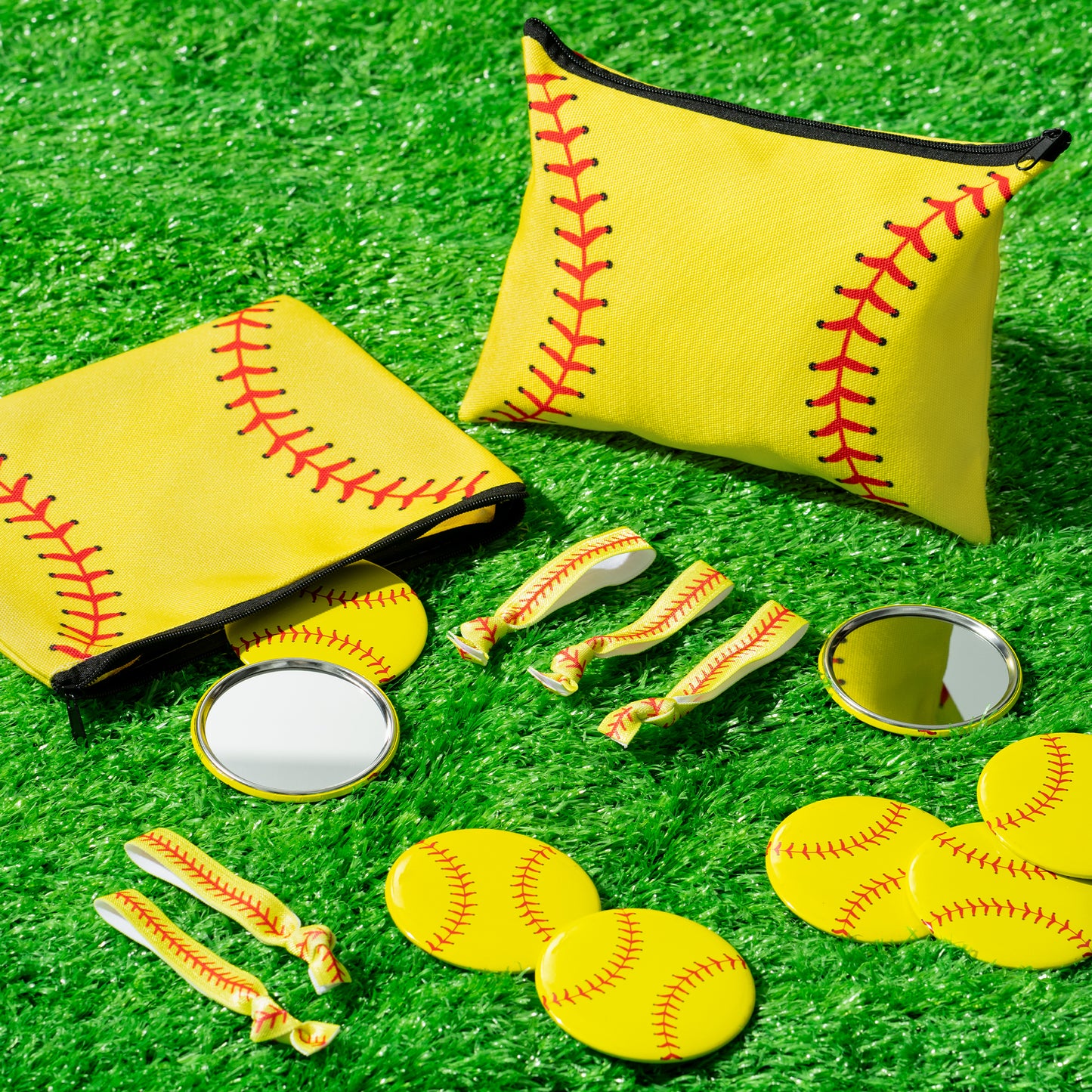 COcnny 36pcs Softball Gifts Set with Makeup Bag Compact Mirror Hair Tie, Softball Team Stuff Portable Toiletry Pouch Cosmetic Bag Elastic Hair Scrunchies for Women Girl Gift Sport Party Favor Supplies