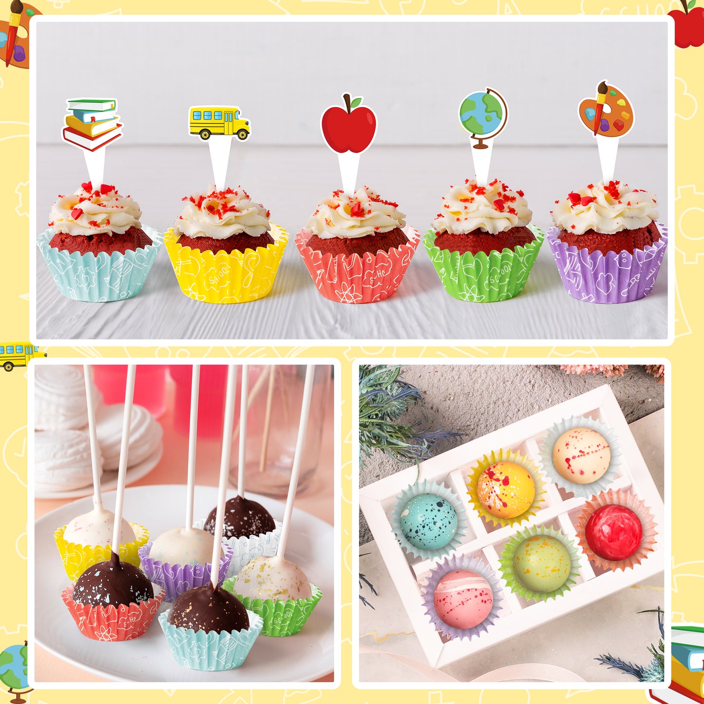 COcnny Mini Cupcake Paper Liner - 300pcs Back to School Cake Baking Cups, First Day of School Cupcake Wrappers with Cupcake Toppers, Apple Pencil Book Muffin Candy Wrap Making Supplies (6 Styles)