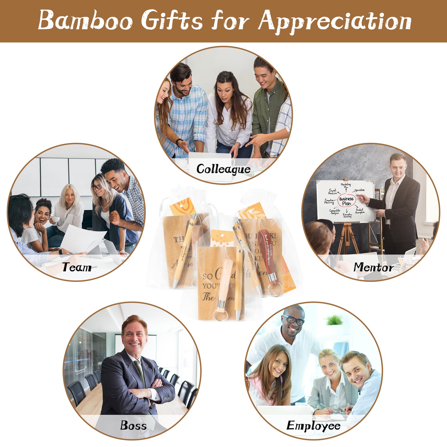 COcnny 60pcs Employee Appreciation Bamboo Gifts, Staff Appreciation Gift Bulk, Thank You Notebook Pen Keychain Inspire Bookmark with White Organza Gift Bag for Office Coworker Team Supplies (12 Sets)