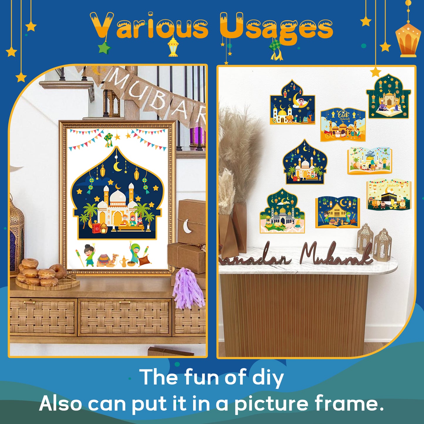 COcnny 49pcs Eid Mubarak Craft Kit Mosque Scene Stickers for Kids, Make Your Own Ramadan Kareem Scene Decal, DIY Art Religious Label Hanging Ornament for Al-fitr Classroom Party Favor Goodies Supplies