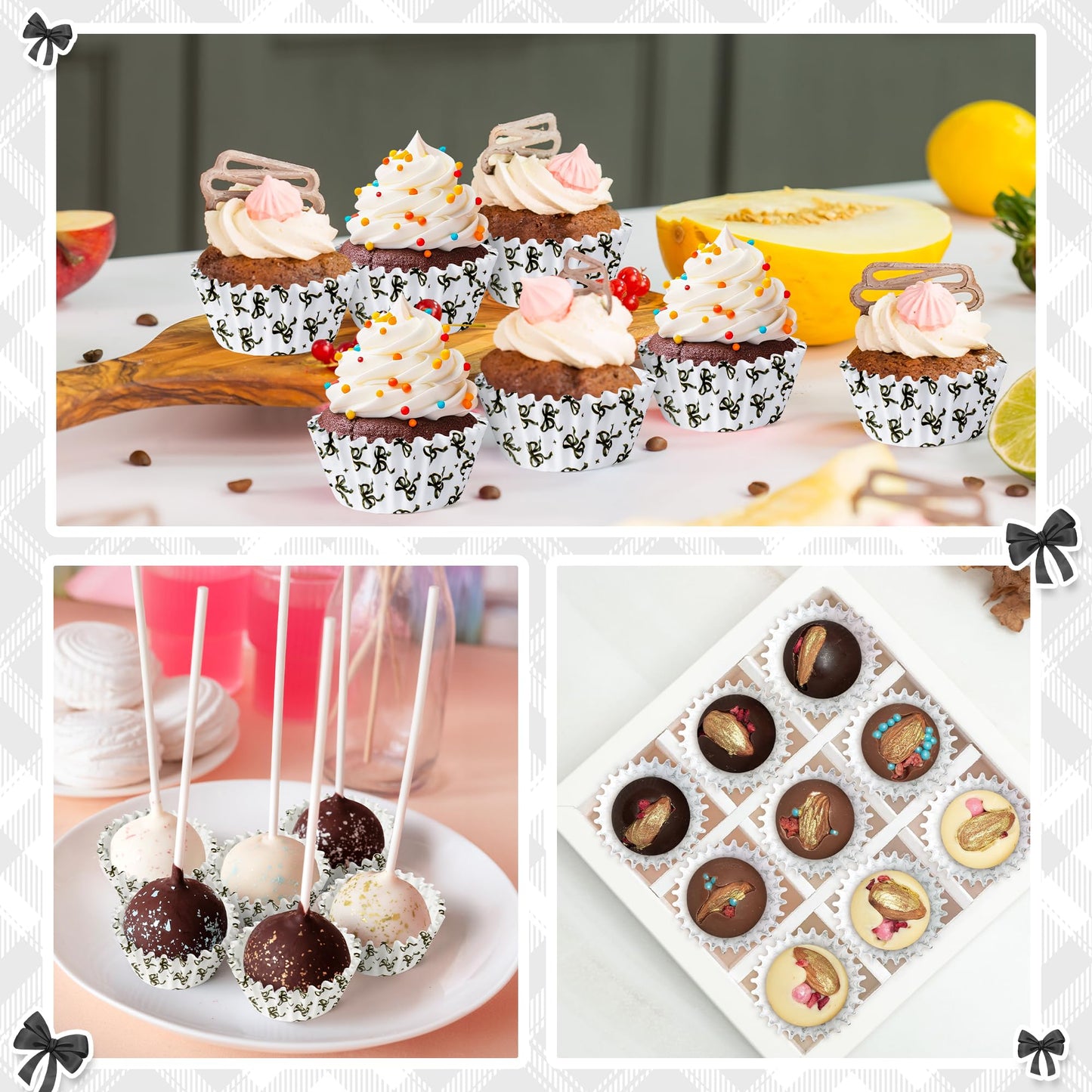 COcnny Bow Mini Cupcake Liners - 300pcs Black Bowknot Baking Cups Muffin Paper Cupcakes Wrappers for Birthday Party, Candy Cake Chocolate Wrap Making Supplies for Baby Shower Wedding Bridal Shower