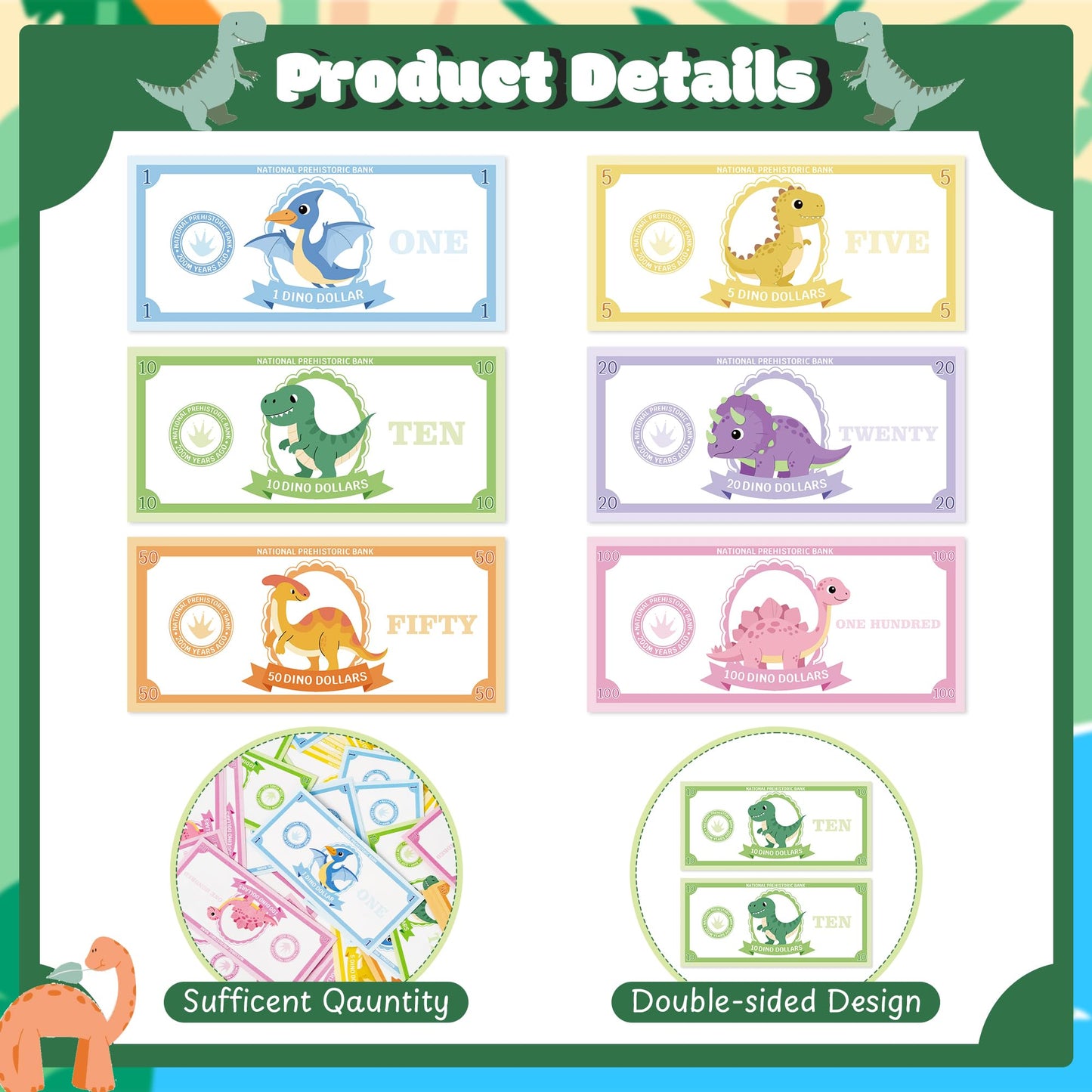 COcnny Dinosaur Play Bucks for Game - 600pcs Dino Paper Money for Party