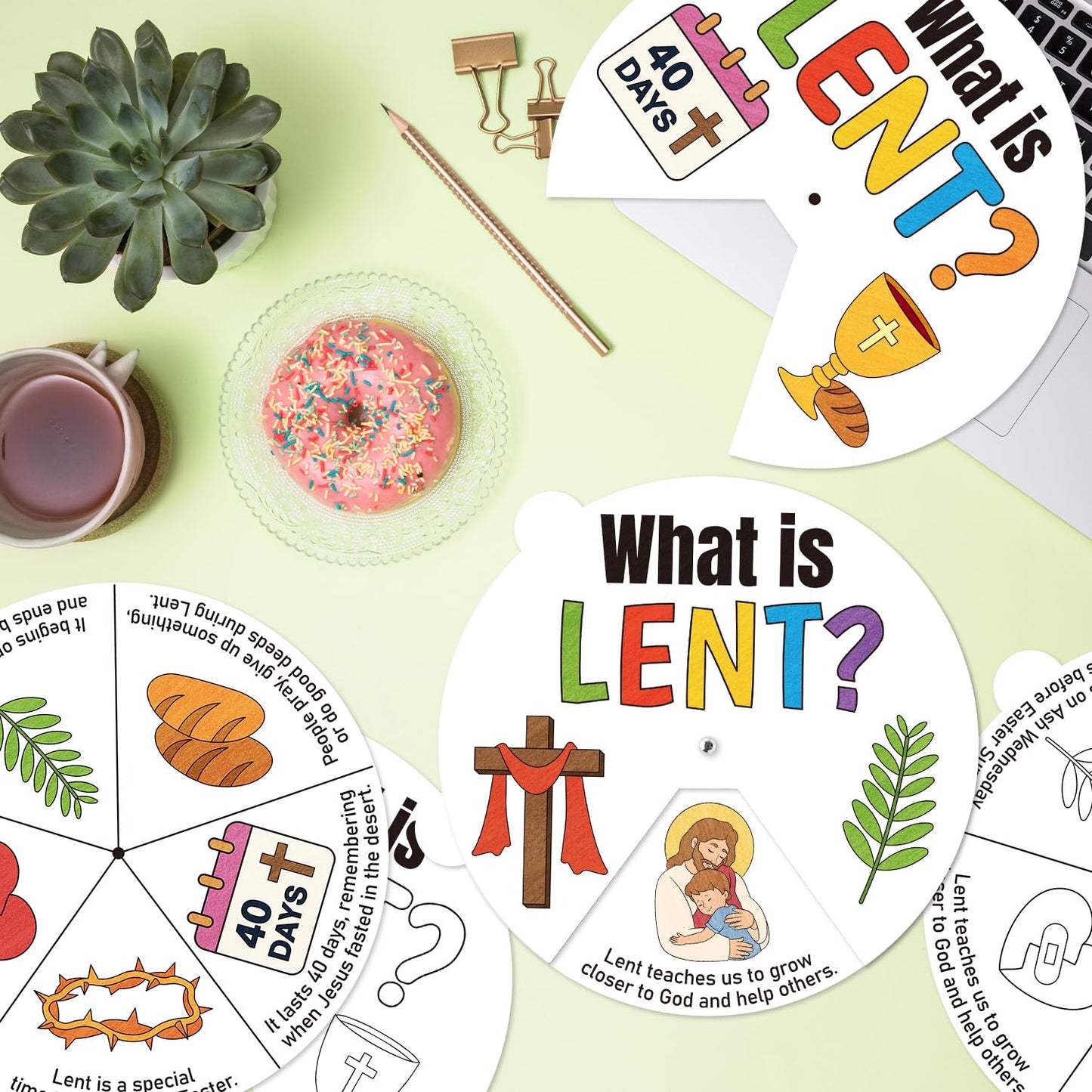 COcnny Lent Coloring Craft Kit - 24 Sets DIY Color Your Own Religious Christian Art Craft Wheel Cards, What is Lent Paper for Church Fasting Sunday School Home Class Bible VBS Activities