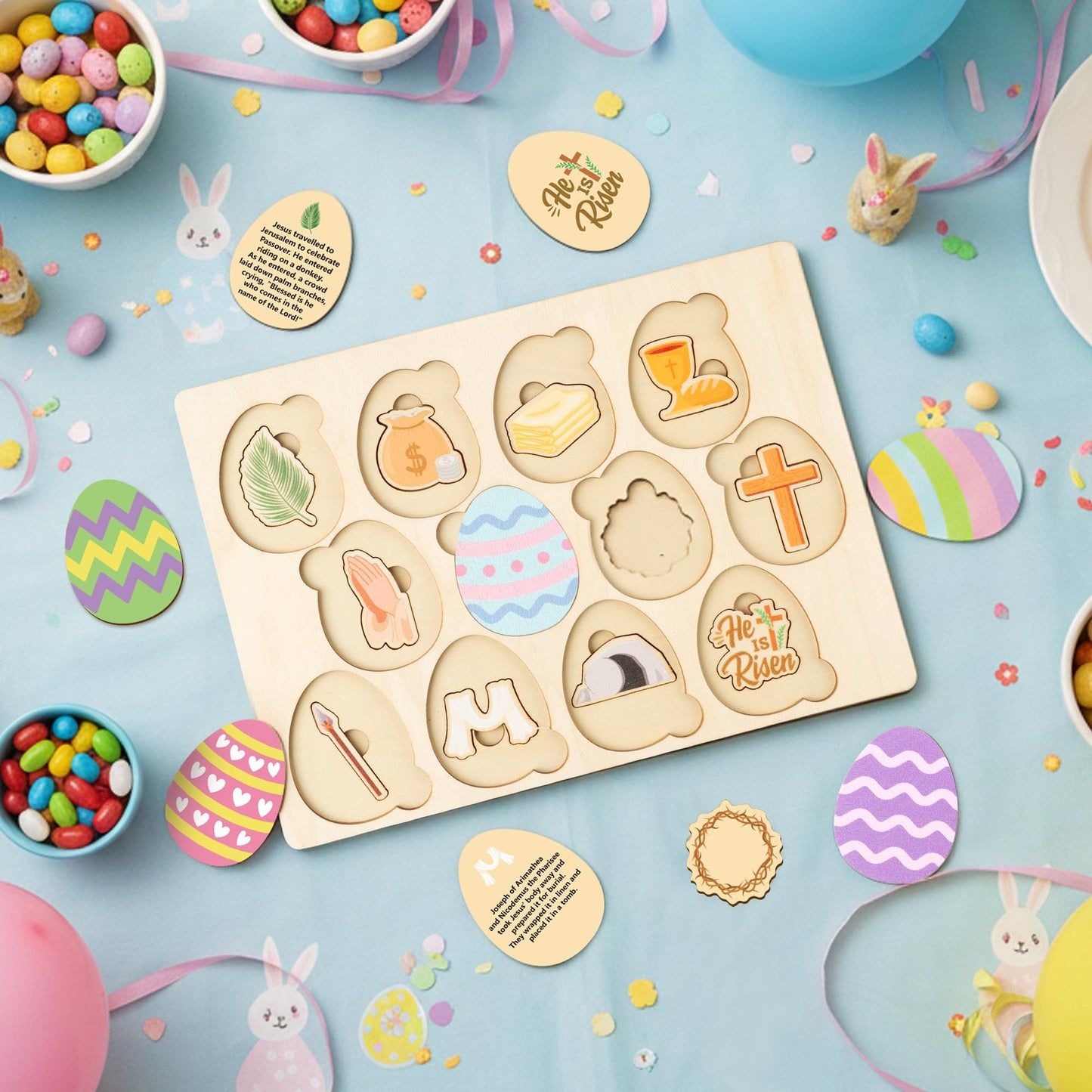 COcnny Easter Story Wooden Puzzle - 12pcs Wood Eggs 2D Jigsaw Puzzle Set, Religious Jesus Story Christian Gift for Sunday School Classroom Game Supplies Home Easter Basket Fillers