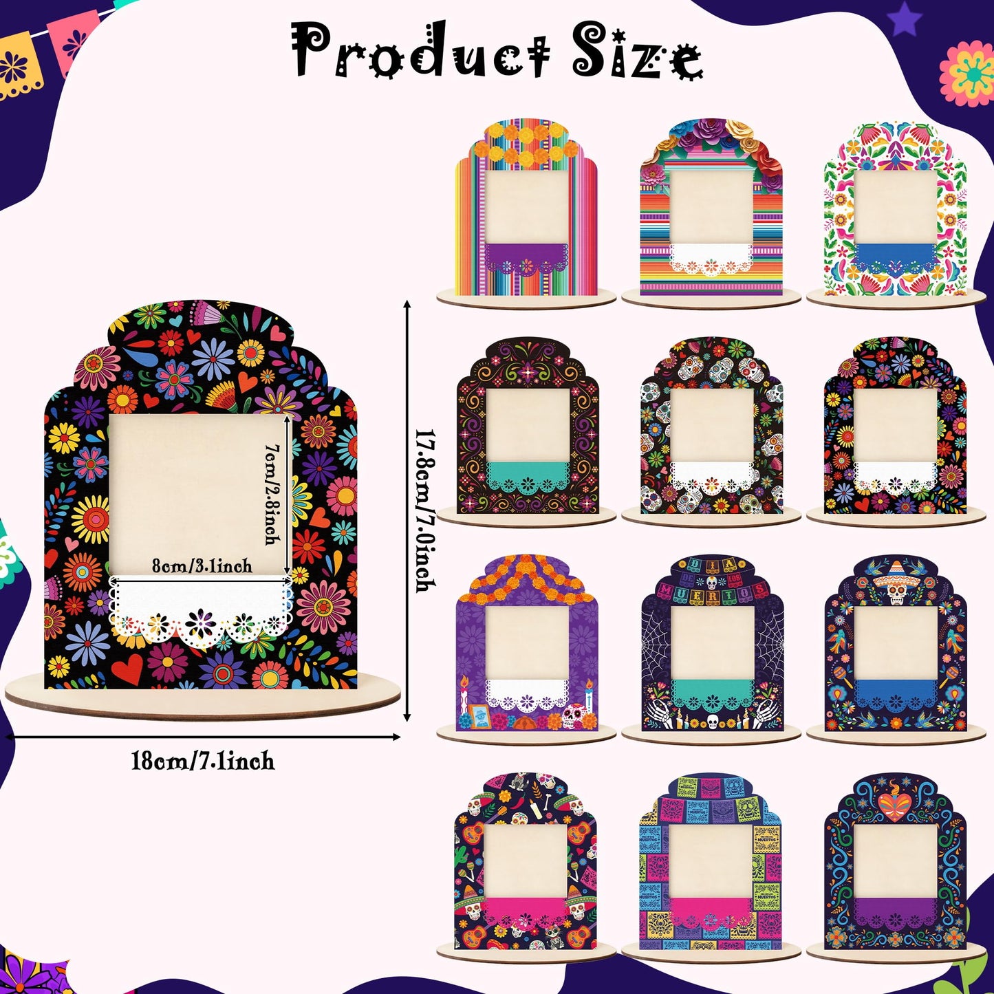 COcnny Day of the Dead Picture Frames - 12 Set Wooden Photo Frame for Dia De Los Muertos Altar Decorations, Mexican Fiesta Skull Tabletop Ofrenda Display Decor for Halloween Remembrance 2.8" x 3.1"