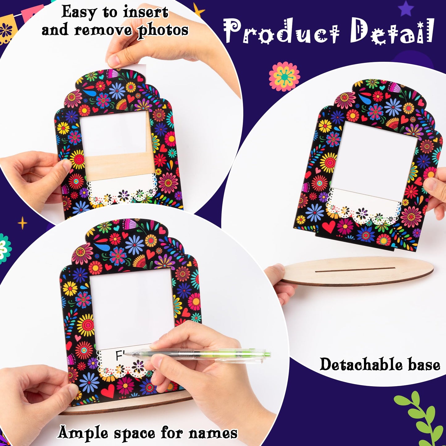 COcnny Day of the Dead Picture Frames - 12 Set Wooden Photo Frame for Dia De Los Muertos Altar Decorations, Mexican Fiesta Skull Tabletop Ofrenda Display Decor for Halloween Remembrance 2.8" x 3.1"