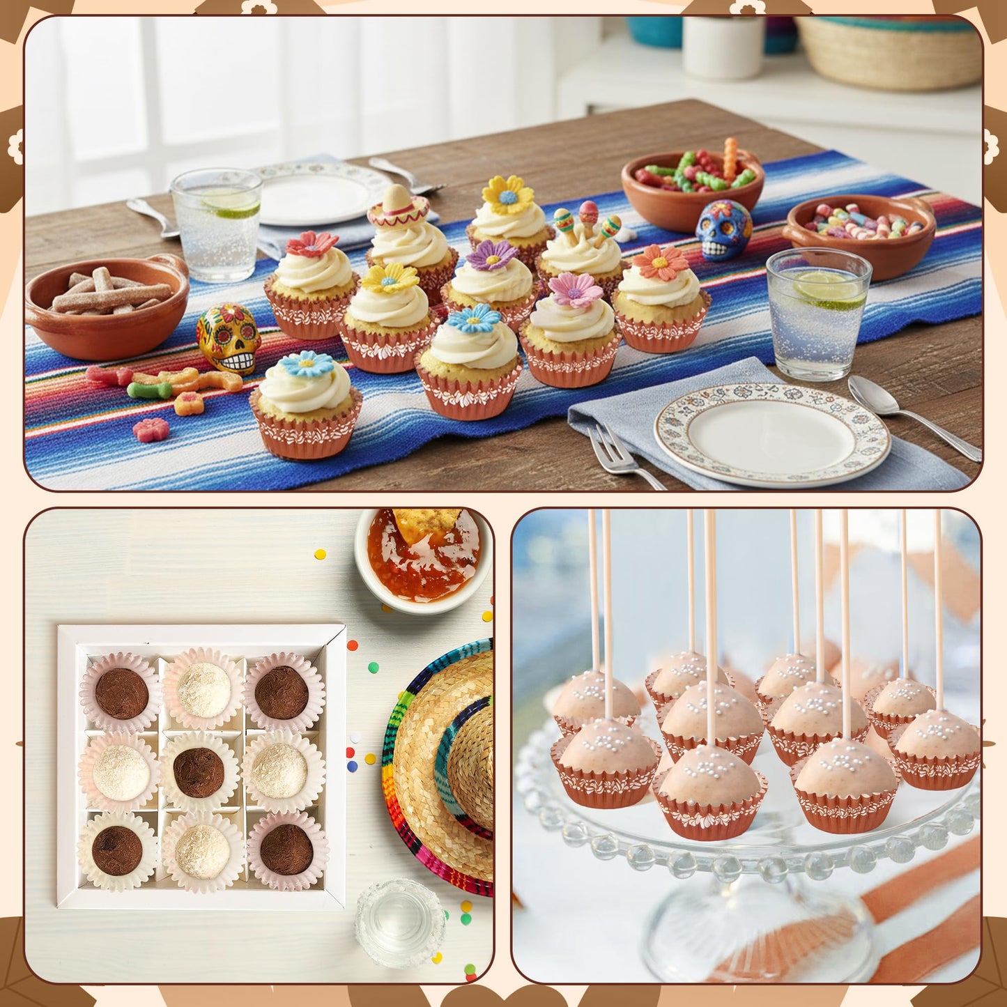 COcnny Cielito Lindo Cupcake Liners - 600pcs Mexican Mini Cupcake Paper Liners, Flower Baking Cups Muffin Wrappers, White Brown Candy Cake Chocolate Wrap Making Supplies for Party Mexico (4 Styles)