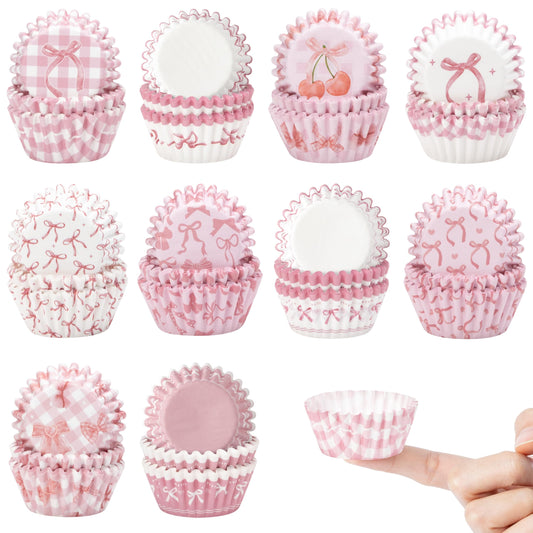 COcnny Bow Mini Cupcake Liners - 600pcs Pink Bowknot Baking Cups Muffin Paper Cupcakes Wrappers for Birthday, Candy Cake Chocolate Wrap Making Supplies for Baby Shower Wedding Bachelorette Party
