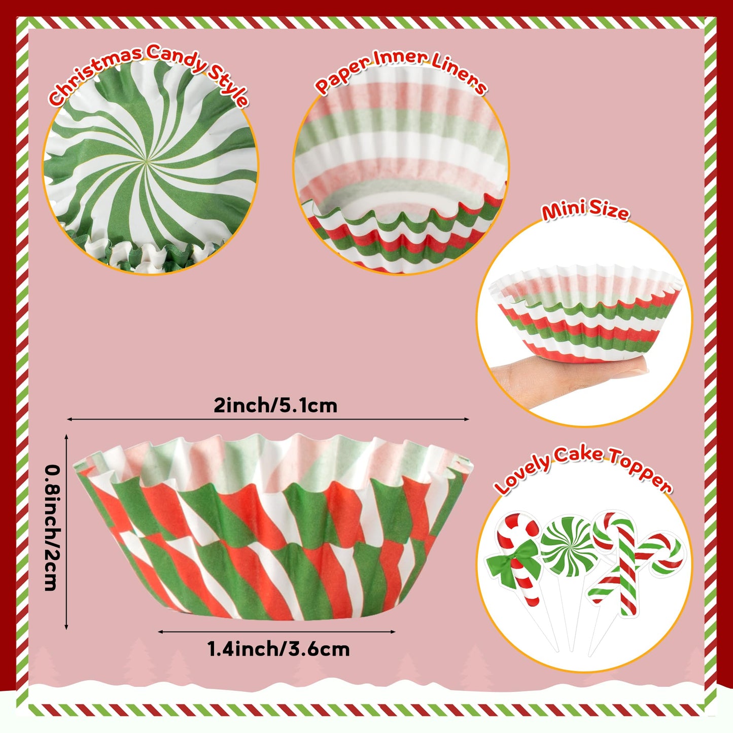 COcnny Christmas Mini Cupcake Liners - 300pcs Candy Small Muffin Cake Baking Cups with 300pcs Cupcake Toppers, Colorful Candies Cake Chocolate Wrap Making Supplies for Xmas Eve Birthday (10 Styles)